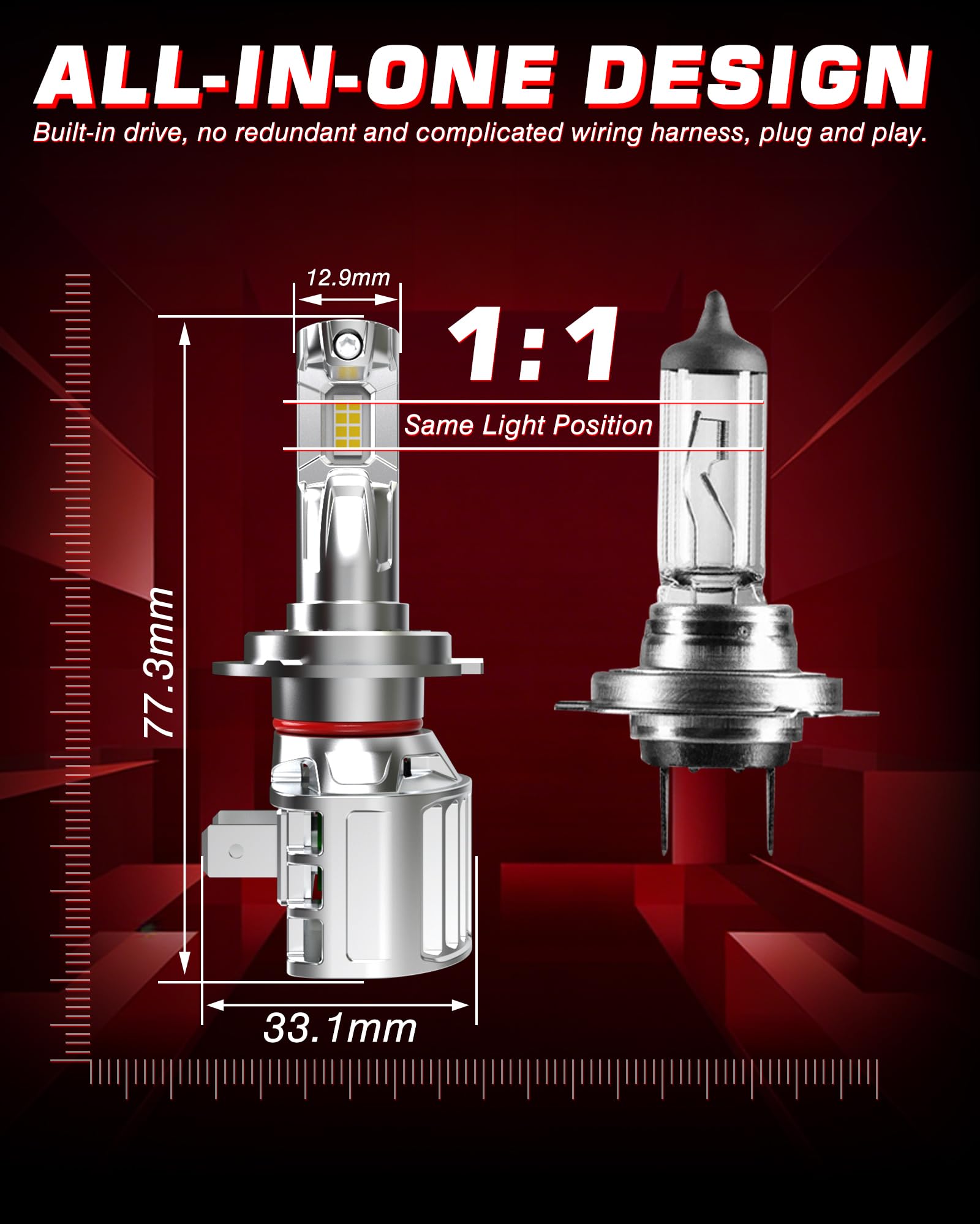 Ampoule H7 LED Voiture, Super Lumineux 80W 16000LM 6000K Blanc Froid Faisceau réglable à 360 degrés Kit Conversion Ampoules H7 LED Anti Erreur Mini Design Tout-en-Un, Lot de 2