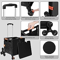 Vista 2 de FELICON SELORSS - Carrito plegable portátil con ruedas para subir escaleras y ruedas giratorias de 360°, mango telescópico, caja de plástico