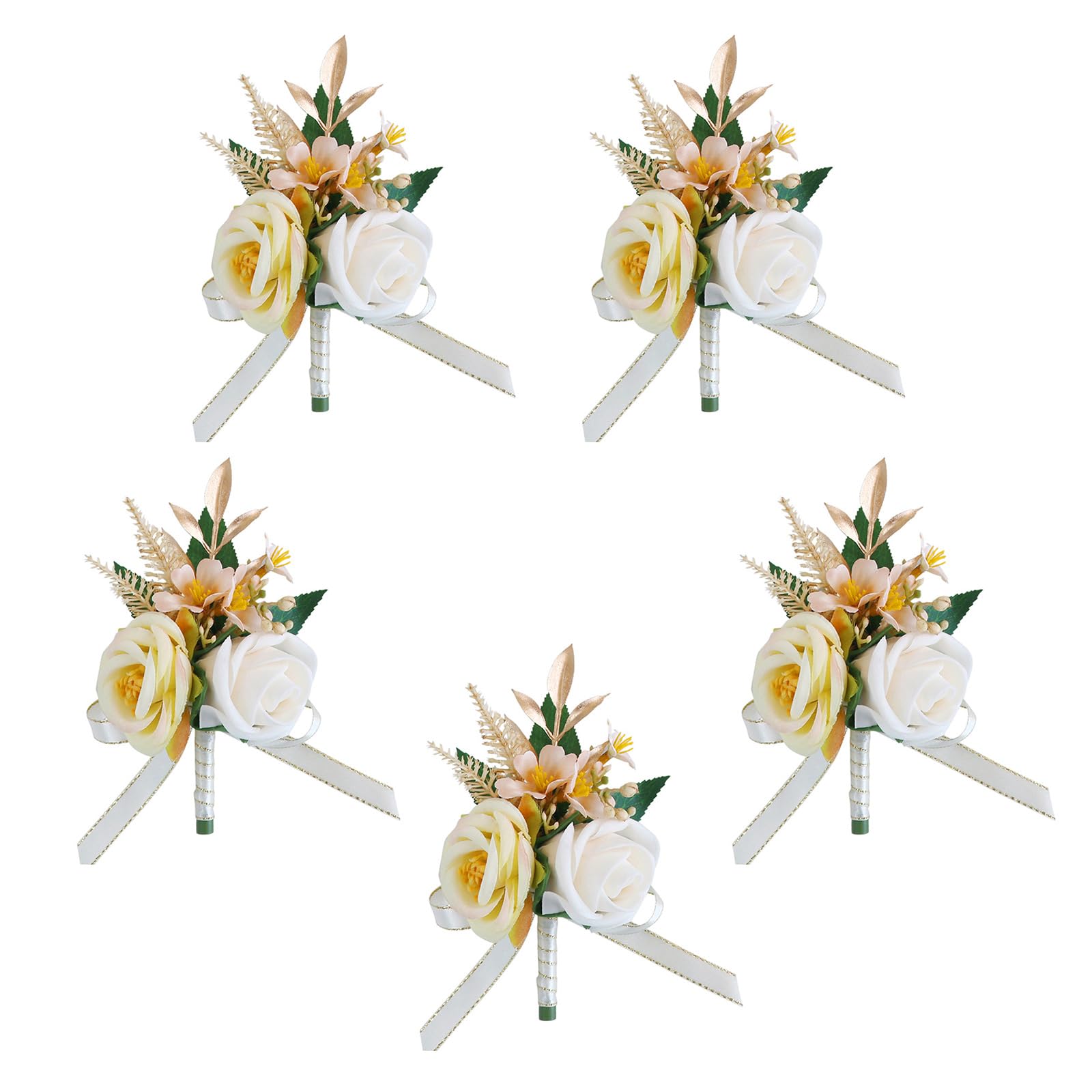 Kalttoy 5Pcs Rose Wrist Corsages Bracelets Artificial Rose Boutonniere for Grooms and Bride Wedding Party Proms Suit Decorations Prom Corsages Bracelets