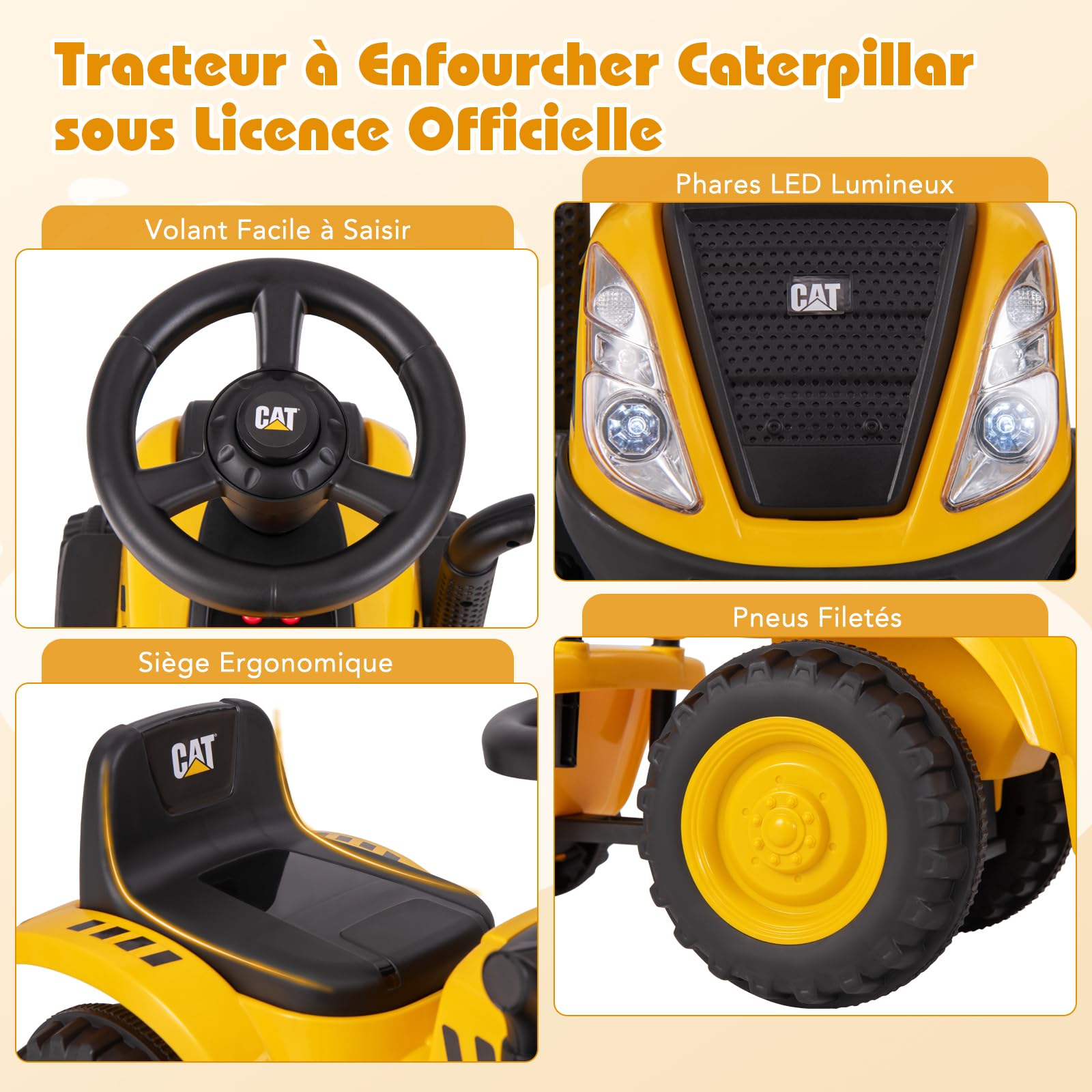 GOPLUS Tracteur Porteur Bebe Caterpillar, avec Remorque Amovible, Klaxon et Sons de Moteur, Lumières LED, Râteau et Pelle, Cadeau Camion Enfant pour Tout-Petits 1,5-3 Ans,Charge 25KG