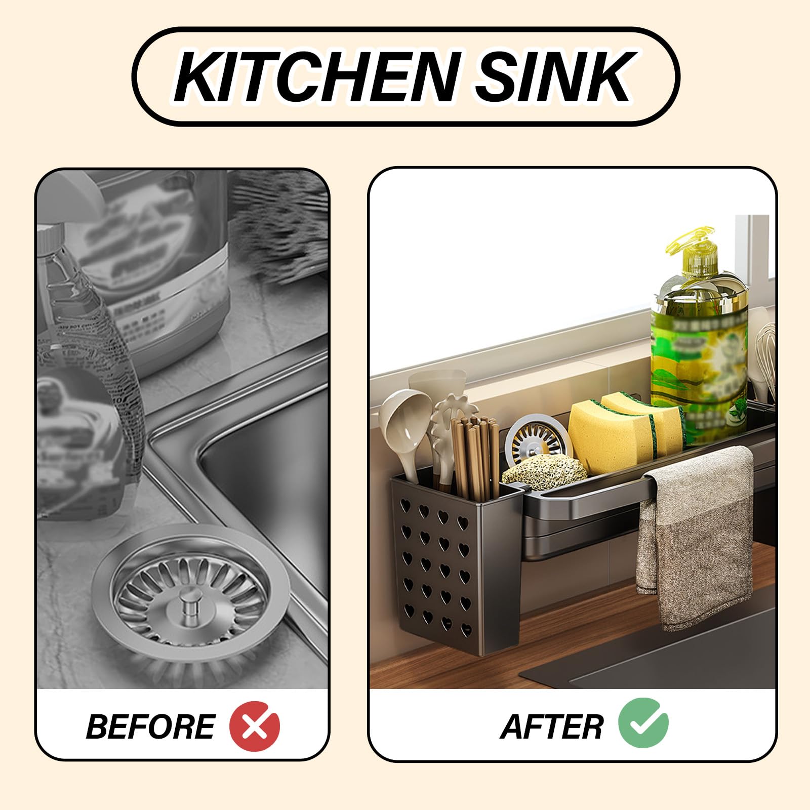 Organisateur Salle Bain Noir Organisateur D'évier Avec Bac égouttoir - Porte -éponge Et Rangement Pour Cuisine Et Salle De Bain - Noir Organisateur évier