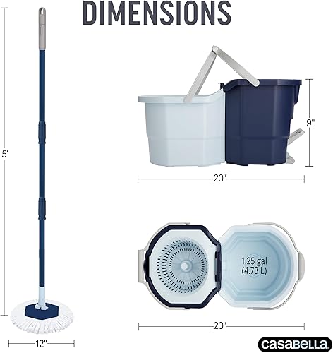 Miniatura 5 de Casabella Sistema de trapeador giratorio con recambio de cabezal de fregona extra, diseño de dos cubos con protector contra salpicaduras, taza