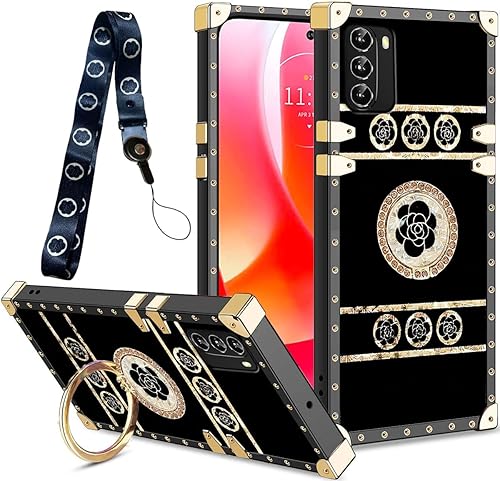 B-wishy Motorola Moto G 5G 2022 con soporte de anillo de soporte remache cuadrado para niñas y mujeres cristal antigolpes funda de TPU delgada a