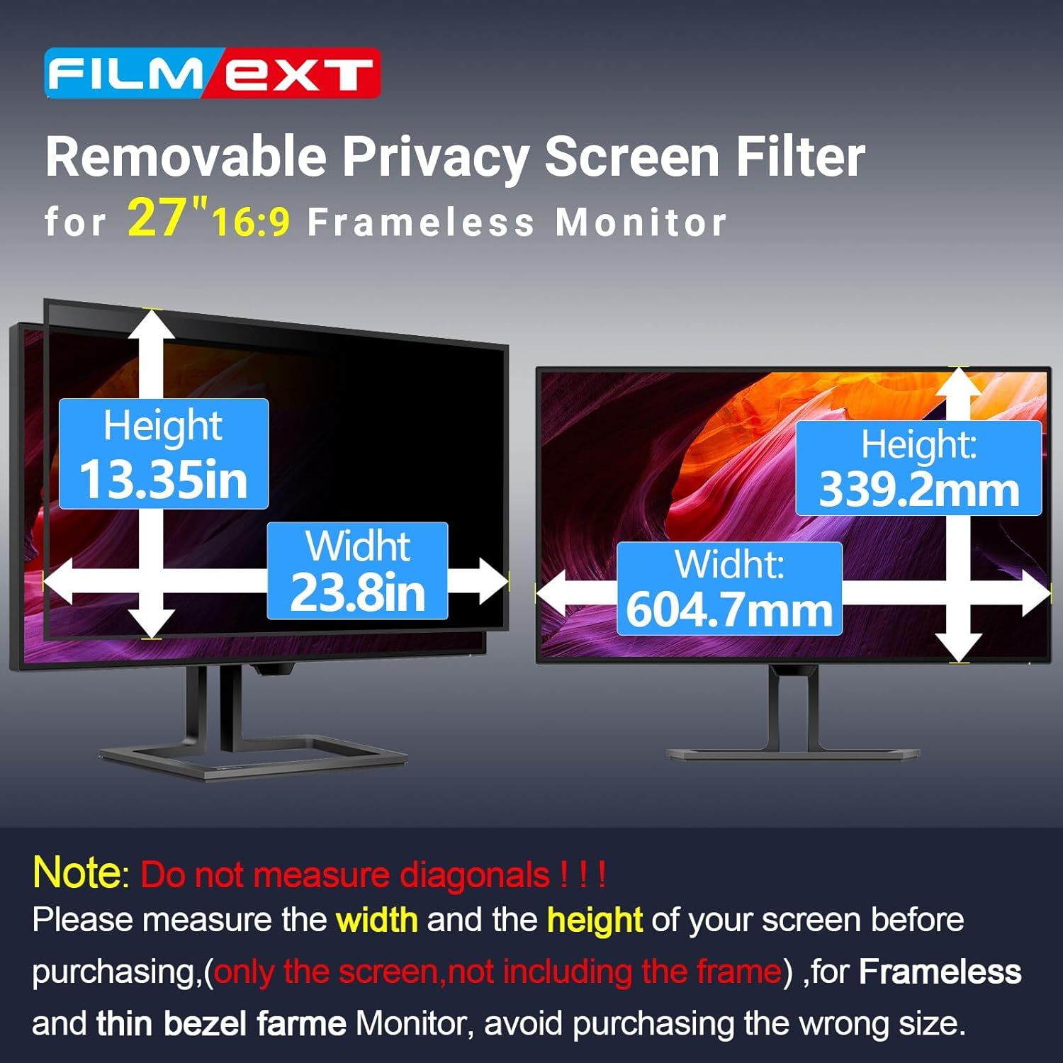 FILMEXT [2023 Upgrade 27 Inch Removable Privacy Screen Filter for 16:9 All-in-One Desktop/Frameless Computer Monitor, Bubble Free Anti Spy Blue Light Filter for Computer