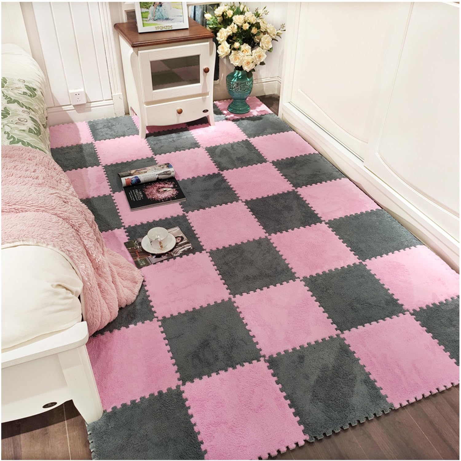 Tapis en Mousse, Lot de 2 Dalles Moquette emboîtables Multicolores 12x12x0,4po(Pink+Grey)