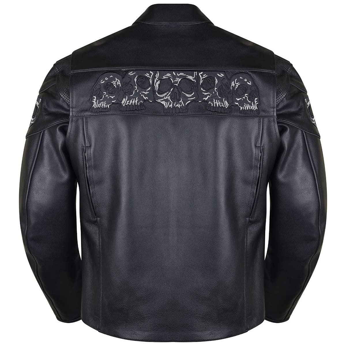 Vance Leather Men's Stand Up Collar Premium Motorcycle Jacket with Reflective Skulls and Inside Conceal Carry Pockets