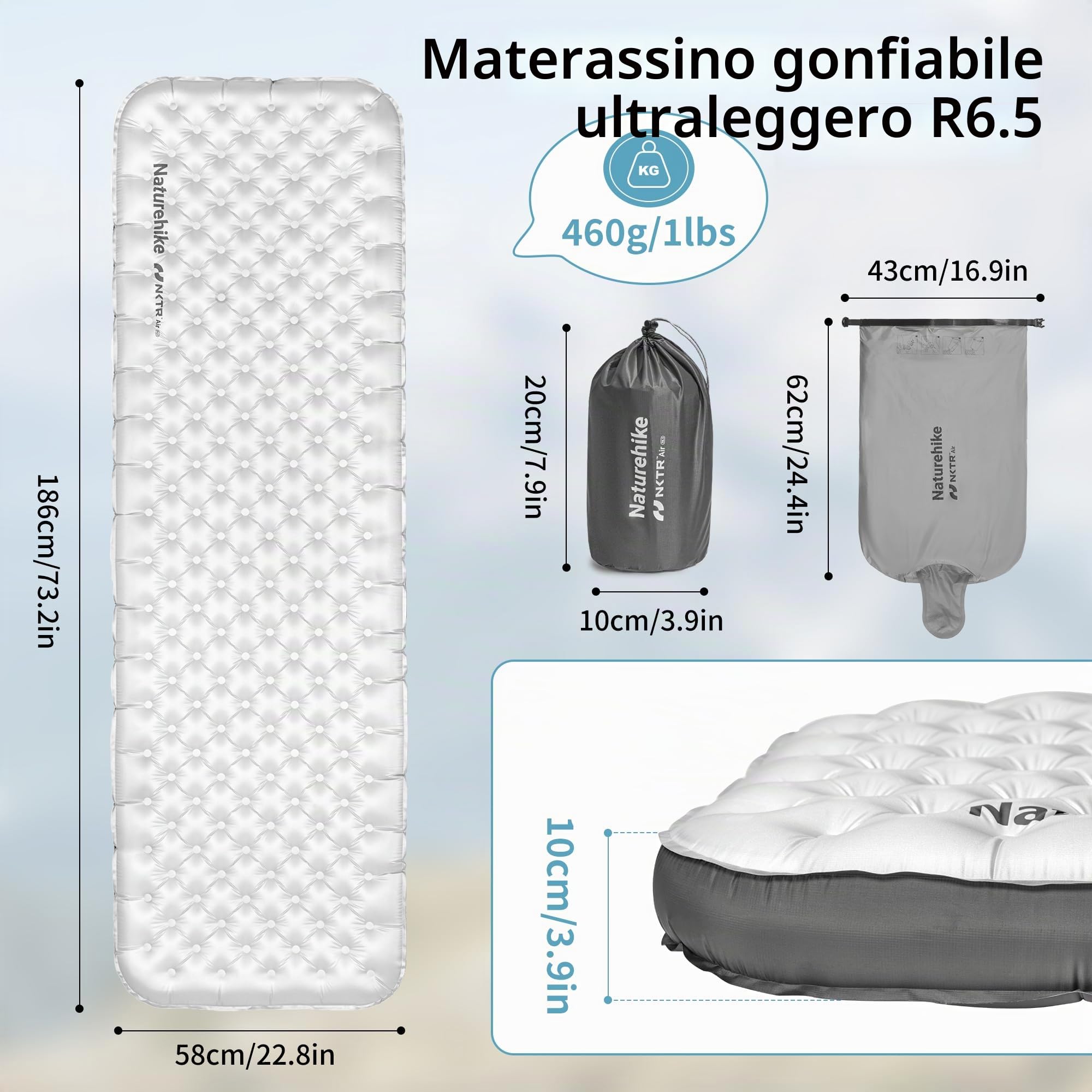 Naturehike Materassino gonfiabile 6.5R 186cm*58cm, Ultraleggero Campeggio Materasso, Durevole Materassino da Campeggio Portatile per Trekking Escursionismo