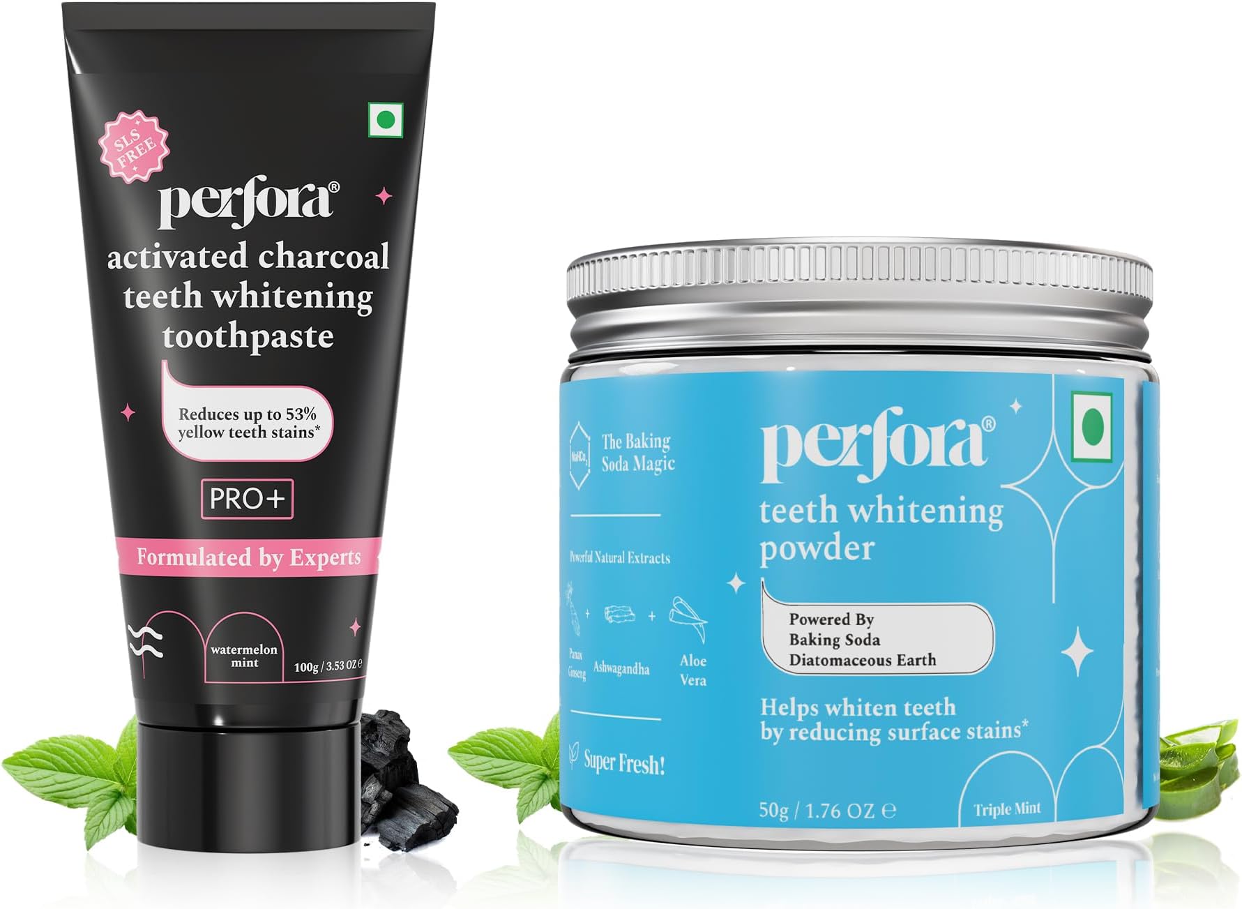 Perfora Teeth Whitening Kit | Activated Charcoal Teeth Whitening Toothpaste | Teeth Whitening Powder -Triple Mint | Vitamin Enriched SLS & Fluoride Free | SLS Free & Made Safe Certified | Pack of 2