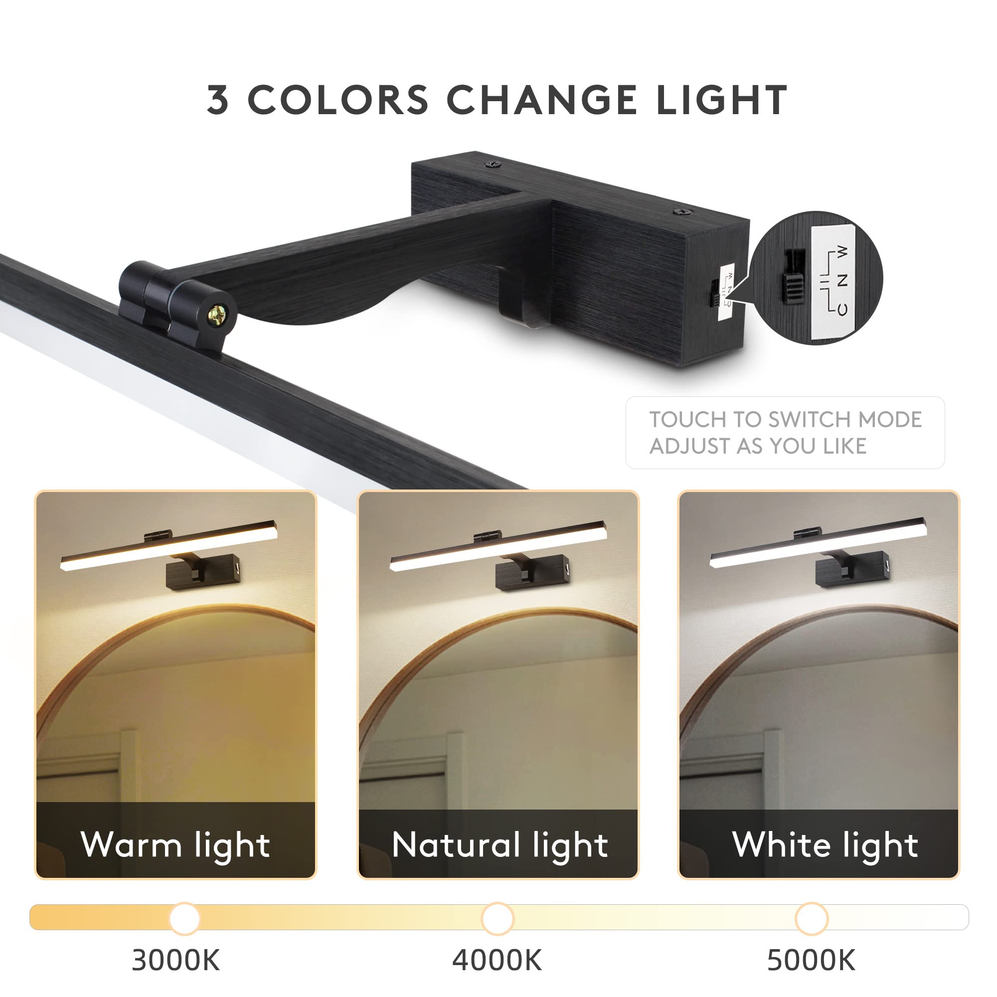 MantoLite badezimmer wandleuchte 8 W 40 cm LED-Spiegelleuchte Schwarz Dimmbar Bilderleuchte Leseleuchte Wandlampe 3000 K/4500 K/6000 K Geeignet für Innenbeleuchtung