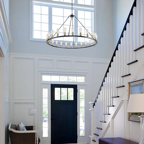 Miniatura 3 de Candelabros modernos de granja negros y dorados, lámpara industrial de 24 luces, lámpara de araña rústica redonda para comedor, isla de cocina, sala