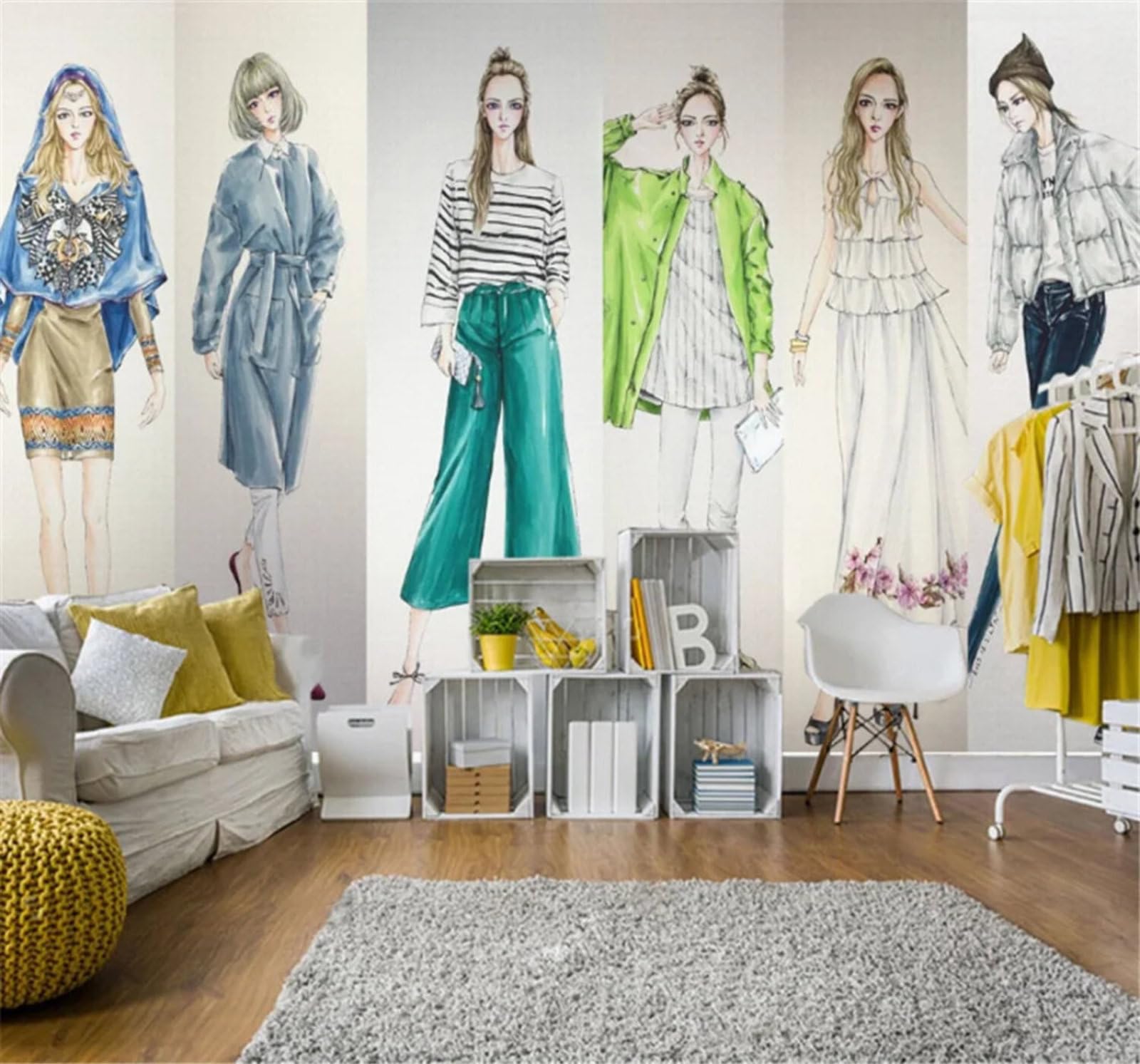 Tzxztt Minimalist Ethereal Hand Drawn Girl Clothing Shop Modern 3D Wallpaper Premium Textured Silk Neutral Tones Material Ideal for Living Room Bedroom-350cm×256cm