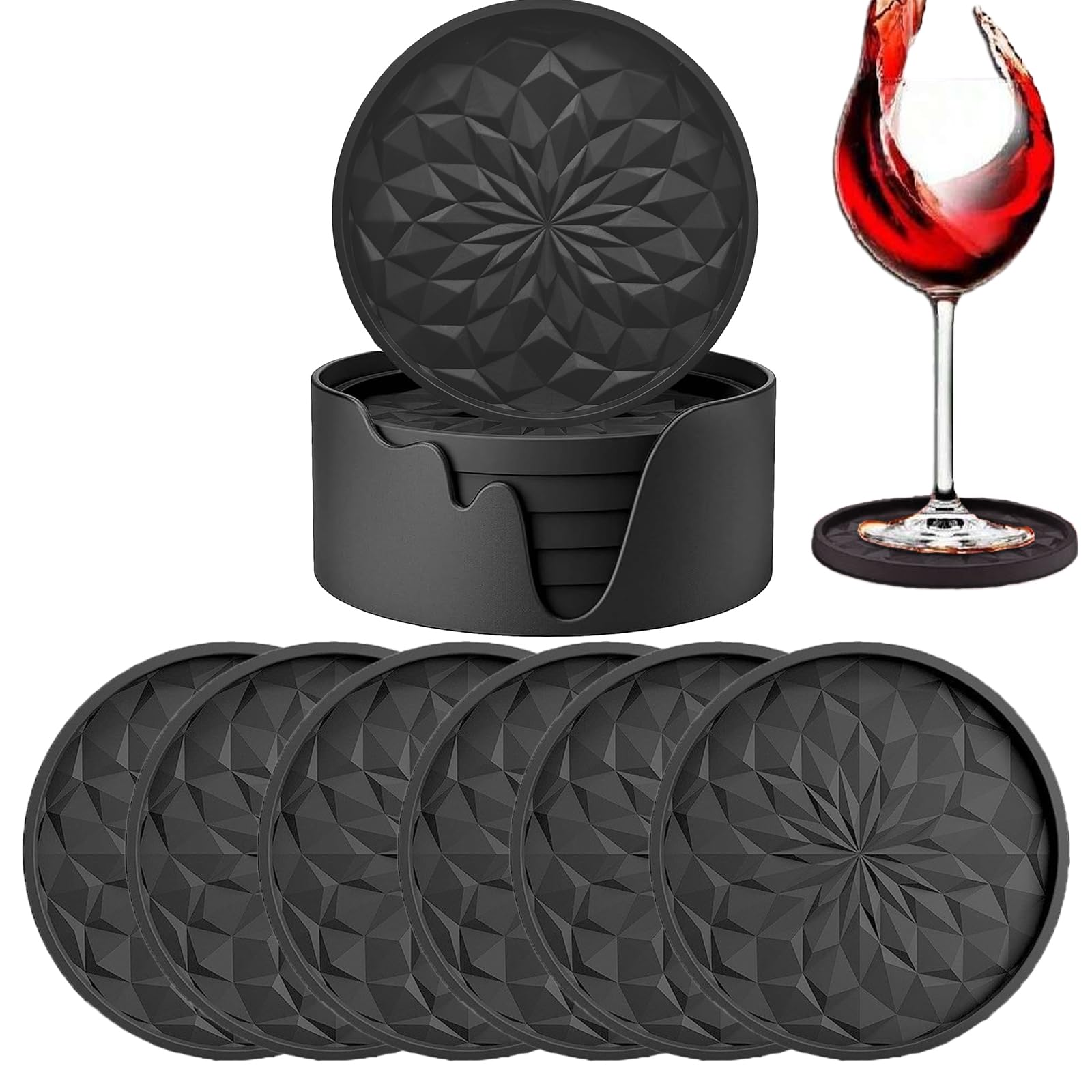 6 Pack Silicone Coasters, Black Cup Mat for Hot Drink, Coffee, Tea, Non-Stick Tabletop Protection