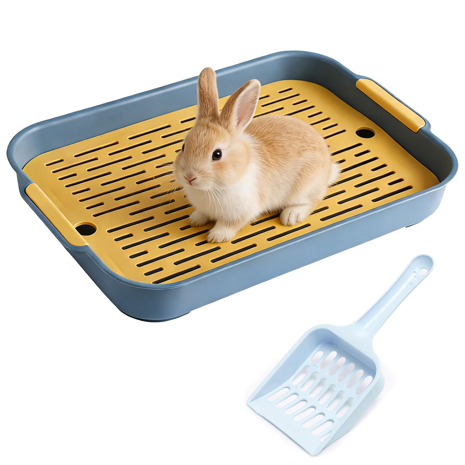 Large Rabbit Litter Tray, Rectangular Bunny Litter Box with Grid, 2 Tier Flat Rabbit Cage Toilet Tray Small Pet Litters Box Toilet Potty with Scoop for Bunny Guinea Pig Cat(Blue)