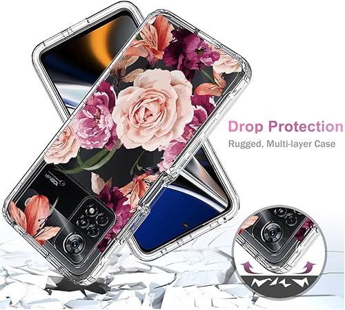 Miniatura 7 de Vavies Funda para Poco X4 Pro 5G, 2201116PG Funda con protector de pantalla de vidrio templado, cuerpo completo transparente con diseño floral,