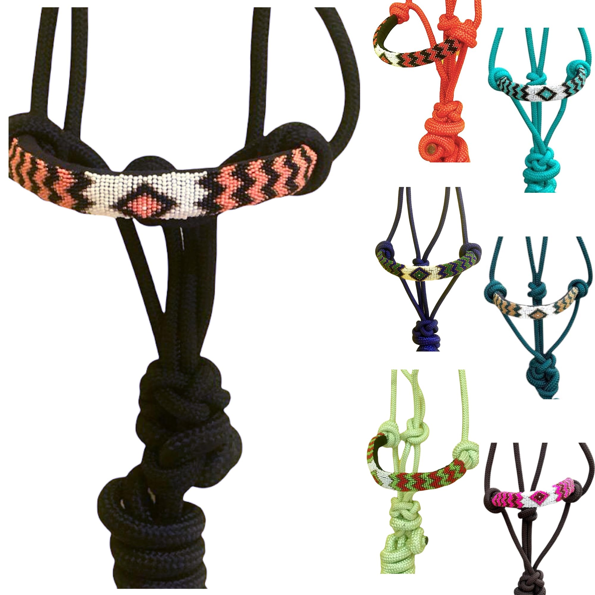 Majestic Ally Padded Beaded Nose Braided Rope Halter with 10' Matching Lead - Full (Black)