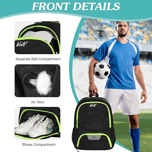Miniatura 3 de WOLT Mochila de fútbol juvenil con soporte para pelotas y compartimento para zapatos para fútbol, fútbol, baloncesto, voleibol