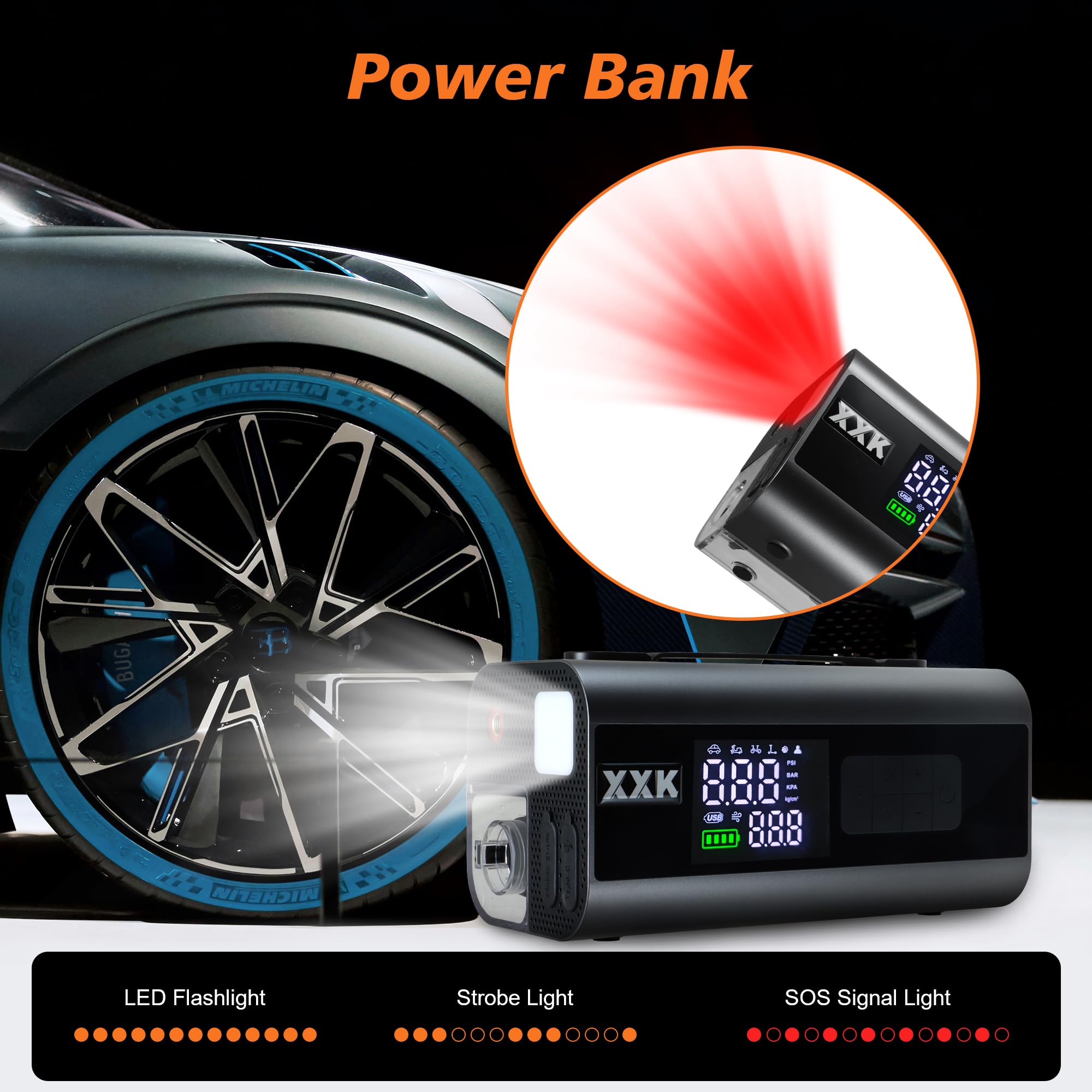 Compresor de aire portátil para inflador de neumáticos y arrancador de coche, bomba de aire de 150 PSI con medidor digital, luz LED, apagado automático, succión de aire y soplado, para pelotas de