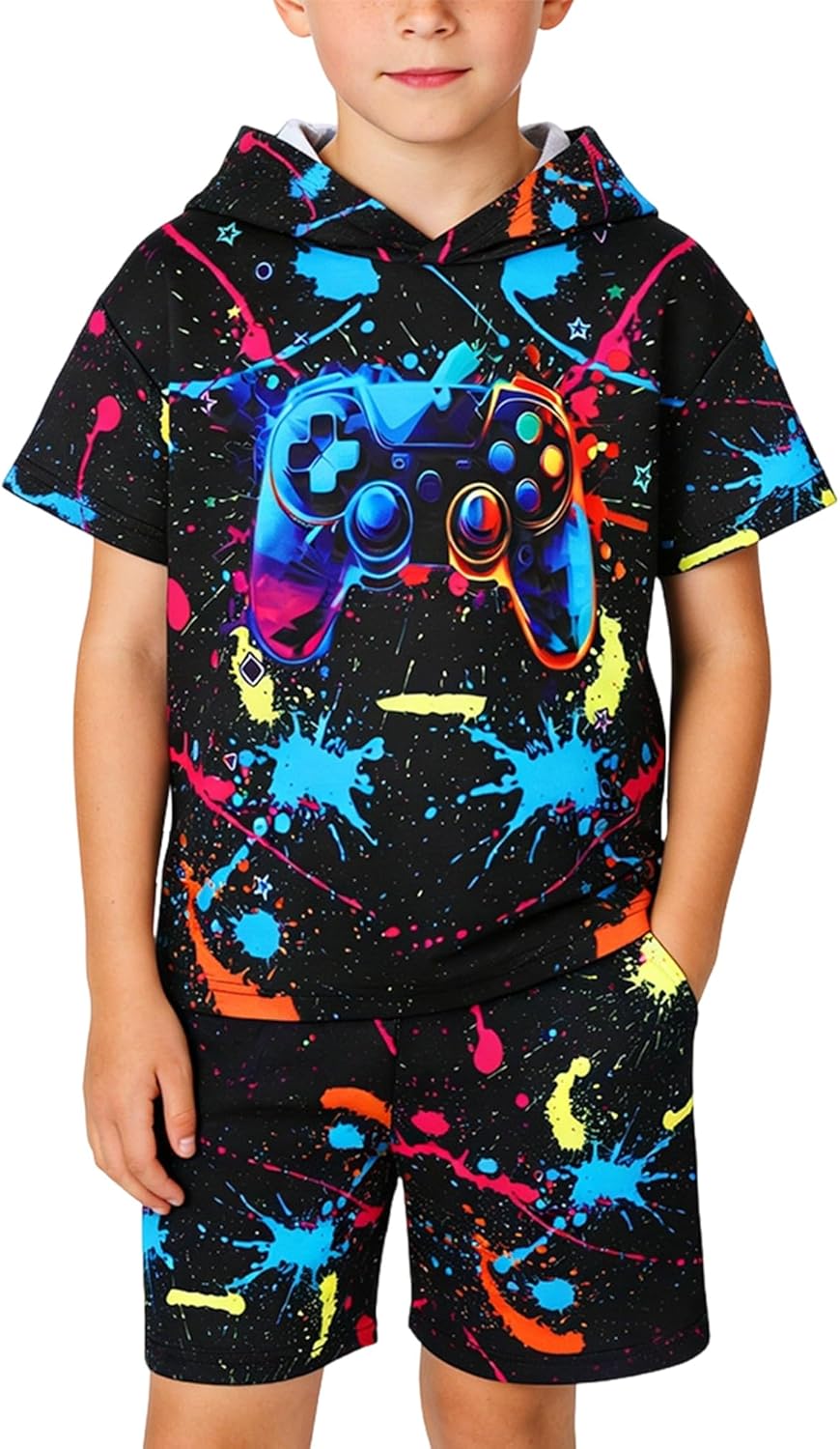 Boys 2Pcs Summer Clothes 3D Printing Short Sleeve Hooded T-Shirt and Shorts Outfit ...