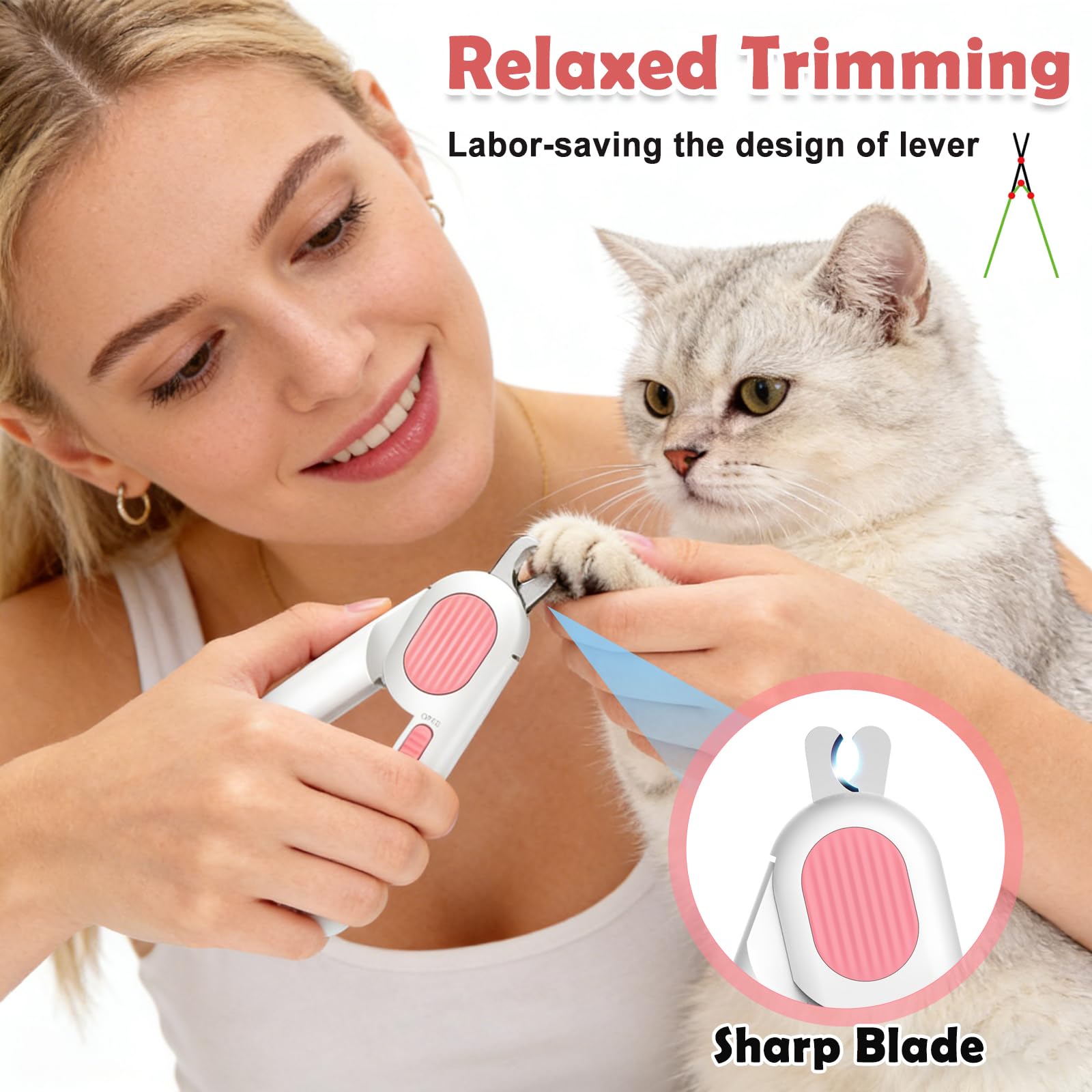 Nagelknipser für Katzen mit LED Licht, Krallenschneider aus Edelstahl mit integrierter Feile, praktischer Spritzschutz, Haustier Krallenschere für kleine Tiere, rosa