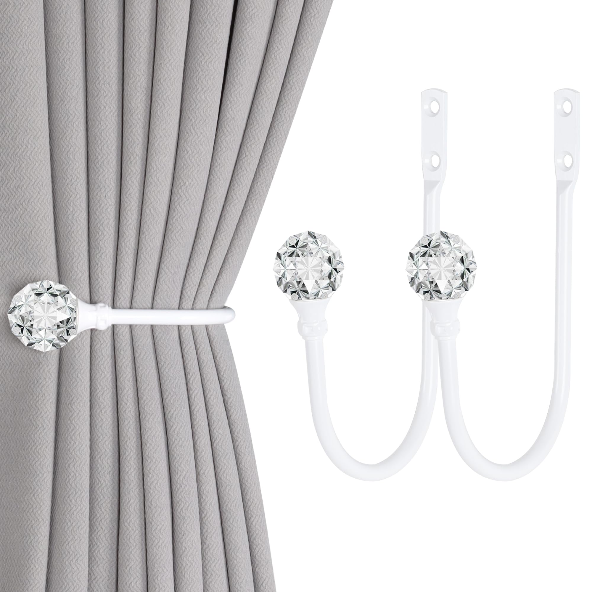 Groleca 2 x Heavy Duty U Shaped Metal Curtain Holdbacks Curtain Tiebacks with Clear Crystal Ball Pull Backs Curtain Holders for Drapes (White)