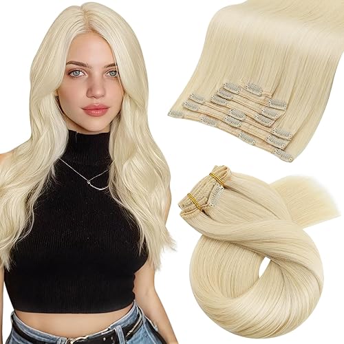 Moresoo Extensiones de cabello humano Remy con clip, color rubio platino, extensiones de cabello humano real de doble trama, color rubio #60, 18