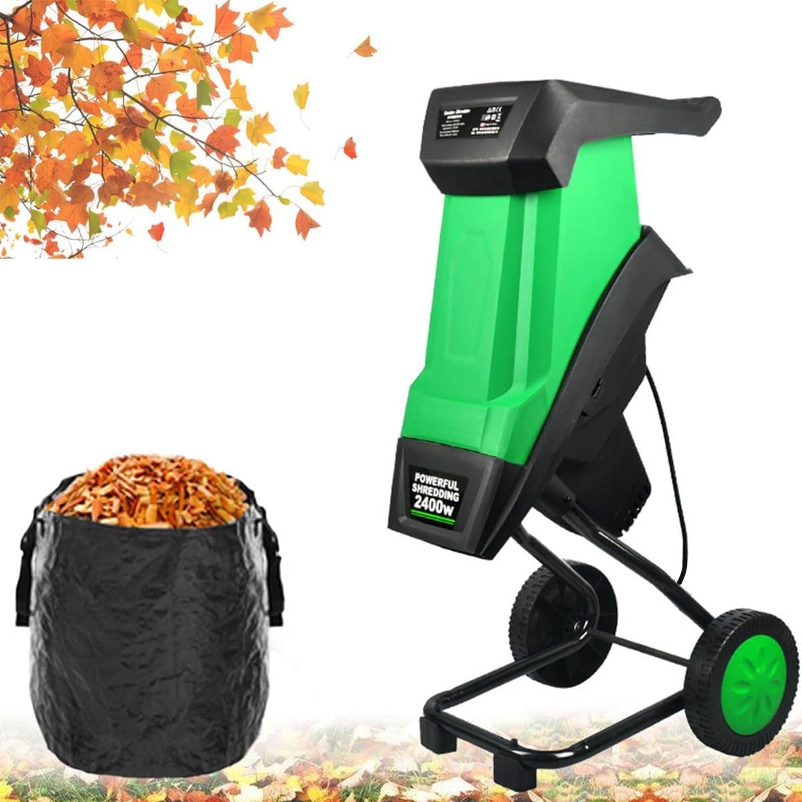 Biotrituradora Eléctrico De 2400w, Rama De Mulcro De Hoja De 4500 Rpm Rama De Compost Con Ruedas Y Bolsa De Escombros De 50l, Astilladora De Madera Multifuncional Para Herramienta De Limpieza