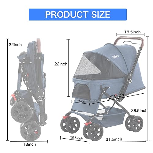 Miniatura 7 de Cochecito de perro para gatos y perros, carrito de cuatro ruedas con cubierta climática, con cesta de almacenamiento para perros y gatos pequeños y