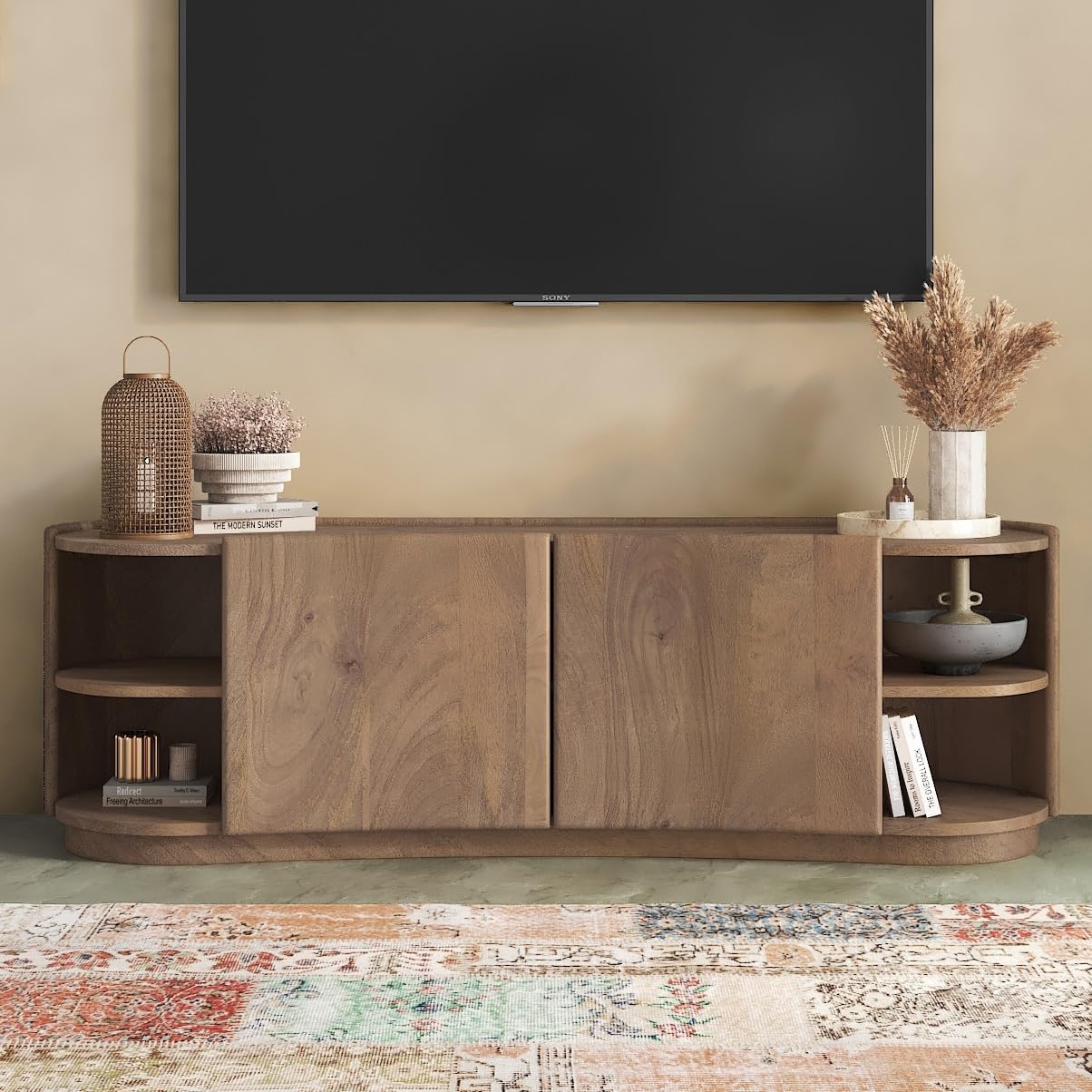 Levon Artisan Solid Mango Wood TV Unit with Sliding Doors & Curved Open Shelves Modern Mid-Century Entertainment Console Natural Walnut Finish-image-6