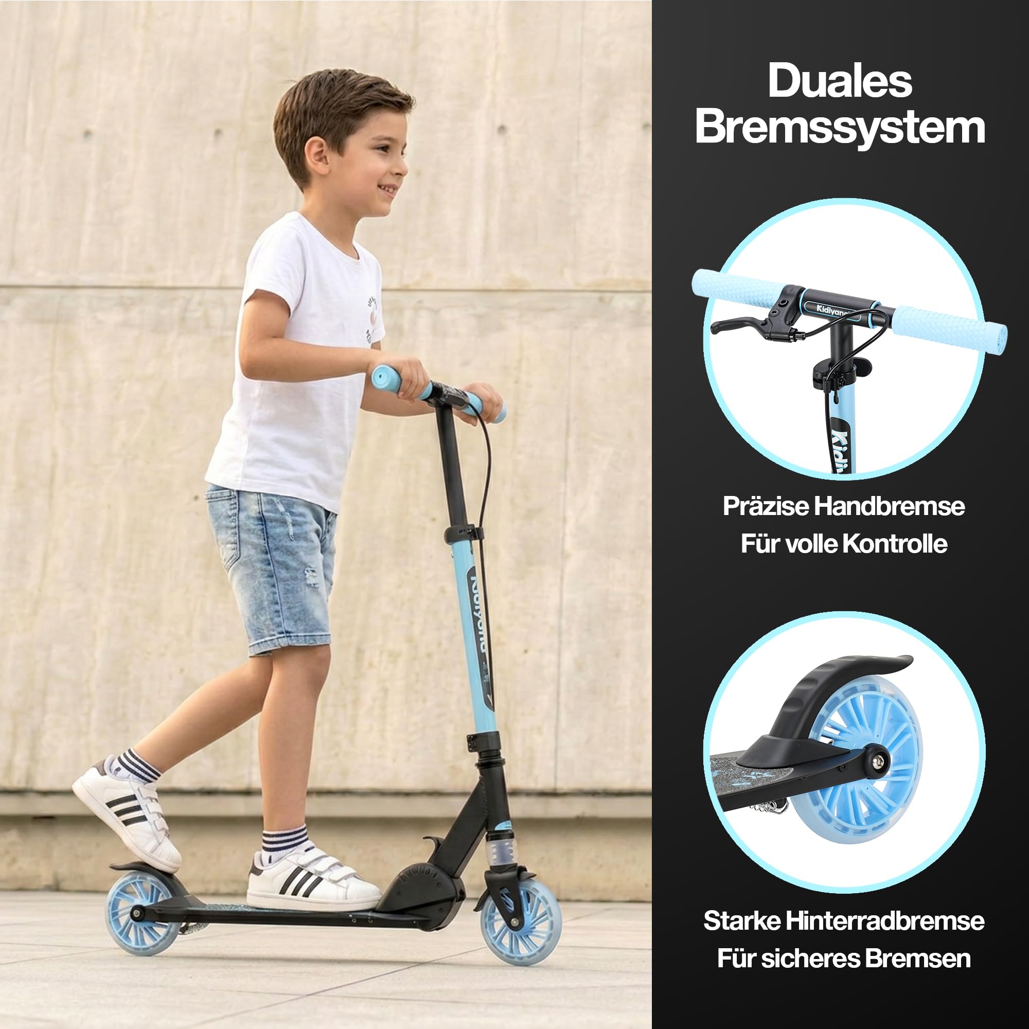Kinderroller Scooter ab 5 Jahren bis 50 kg – Tretroller für Jungen & Mädchen mit 120 mm PU-Leuchträdern, ABEC-5 Kugellager, Handbremse & Stoßdämpfung, klappbar & höhenverstellbar
