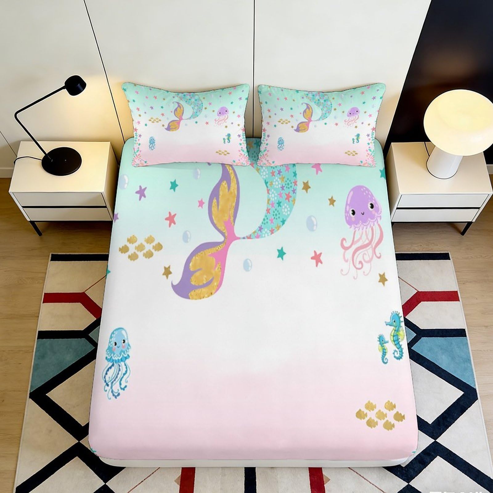 3D Printed Mermaid Tail Fitted Sheet Microfiber Pink Blue Pastel Jellyfish Mattress Cover for Bedroom Dorm Decor 90x200x25cm