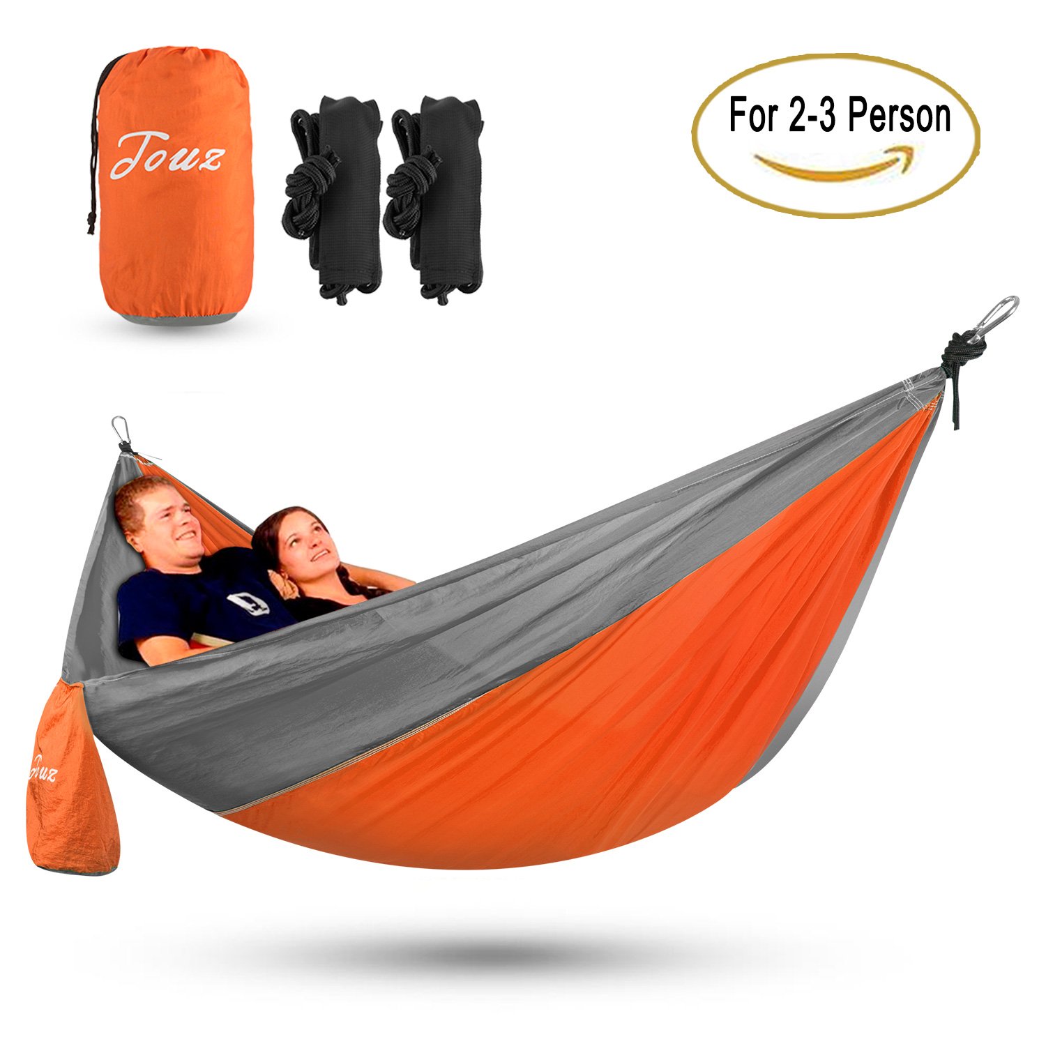 Double XL Size Parachute Lightweight Portable Nylon Fabric Travel Camping Hiking Hammock(Orange/Grey), 2-3 Person