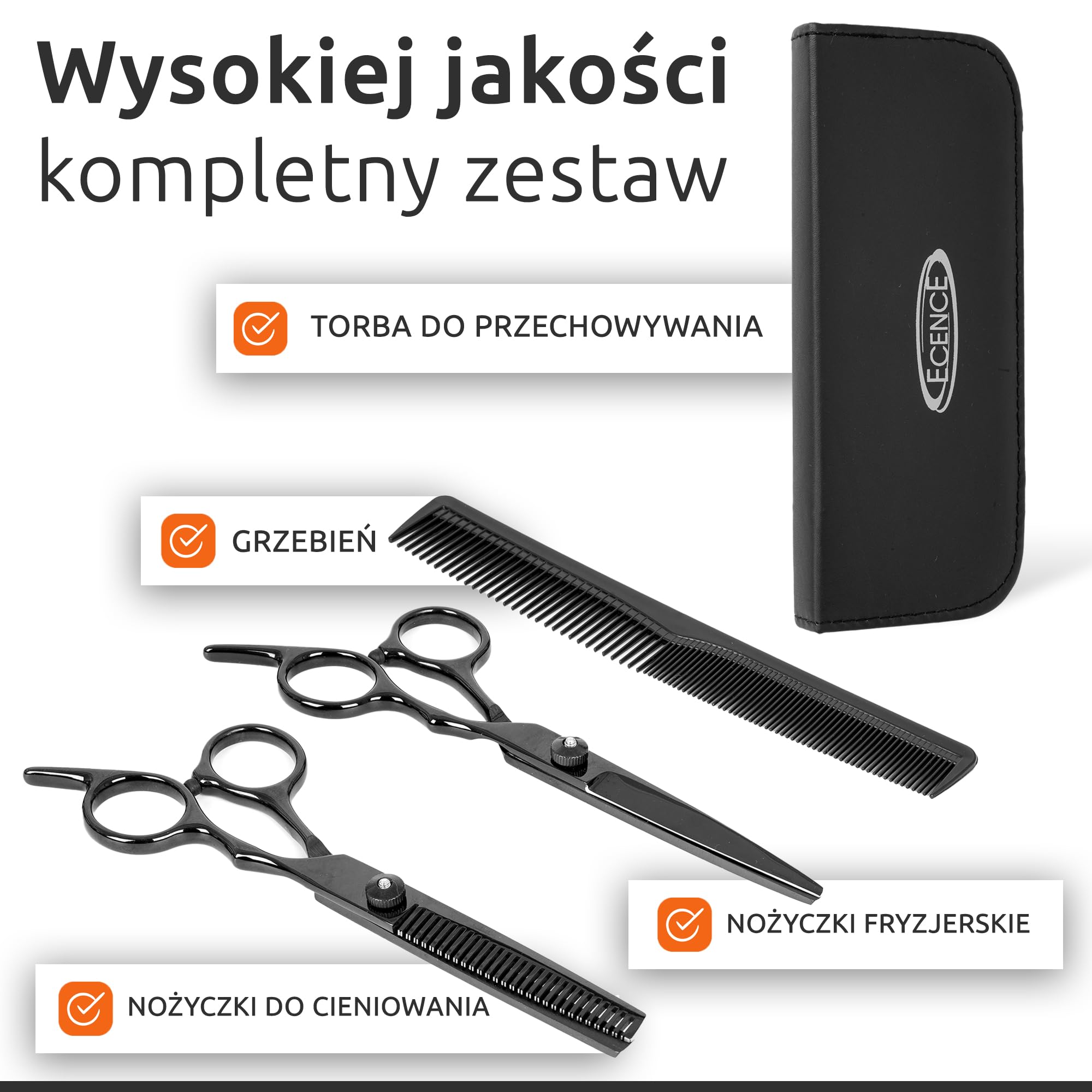 ECENCE Zestaw do strzyżenia z profesjonalnymi nożyczkami i etui - nożyczki fryzjerskie ze stali nierdzewnej, nożyczki do cieniowania i grzebień - precyzyjny zestaw