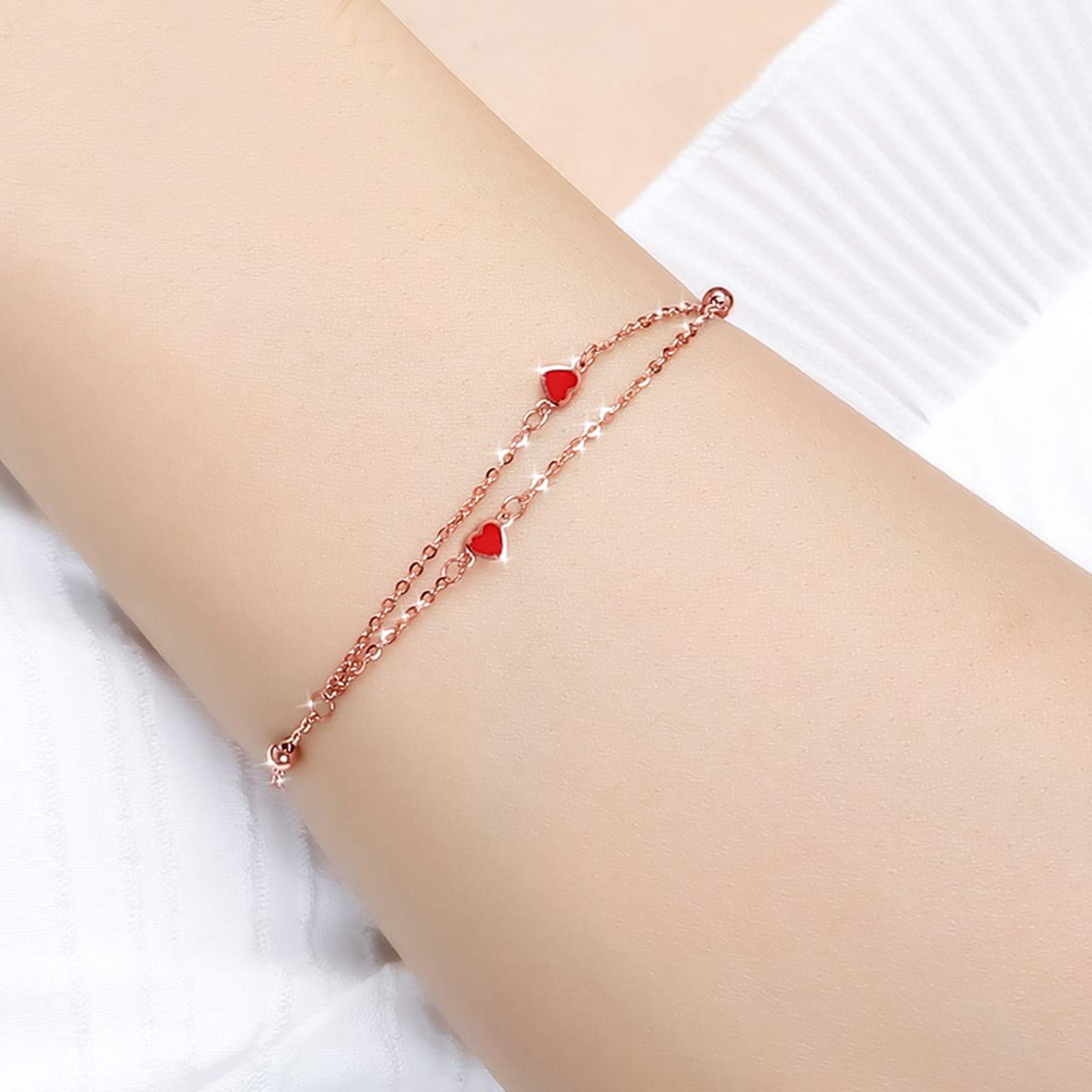 Armbänder für Damen, Roségold 18 Karat, Doppelkette mit Herzen und Perlen, Armbänder für Damen, 16+2 cm