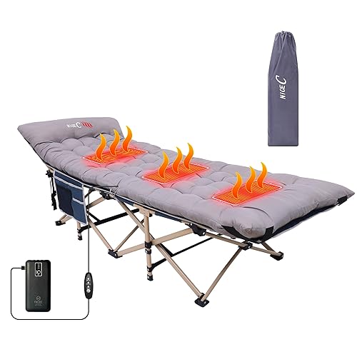 Nice C Heated Cot with Battery, Heated Camping Cots, Camping Cots with Mattress, for Adults, Folding Cot, with Pillow, Carry Bag, Storage Pocket, Extra Wide Sturdy, Holds Up to 500 Lbs (Grey, 1 Pack)