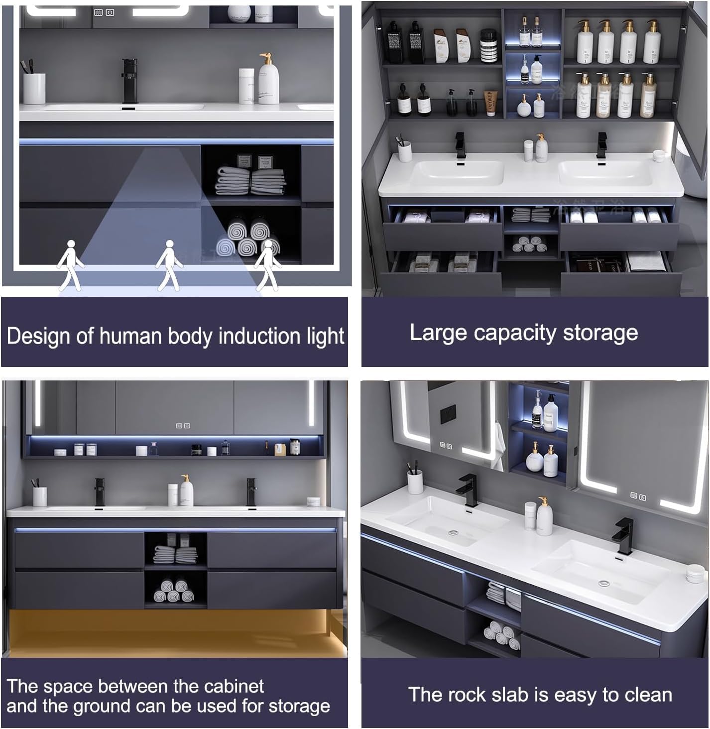 Floating Bathroom Vanity Set - Modern Bathroom Vanity with 4 Drawers, Double Sink, Square Sinks | One-Touch Defogging & LED Bathroom Mirror with Lights, White (72IN)