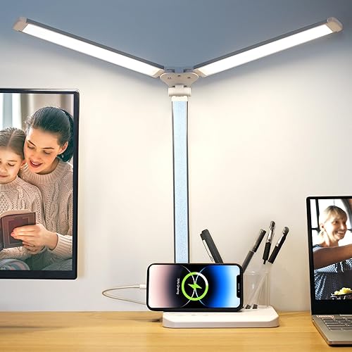 Miniatura 8 de Qooltek Lámpara de escritorio LED con control táctil con doble cabezal ajustable y puerto de carga USB, lámpara de mesa de bajo consumo con soporte