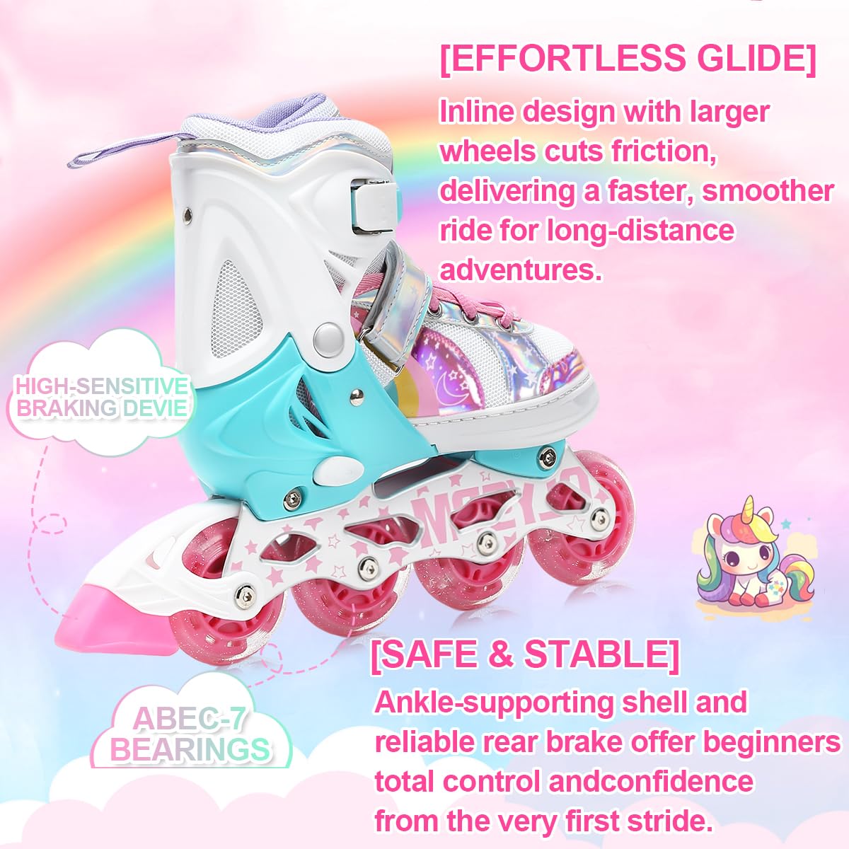 Patin a Roulette Fille avec Roues Lumineuses,Rollers en Ligne Tailles Ajustables et Design Arc-en-Ciel,Cadeau d'anniversaire ou de Noël pour Garçons,Débutants