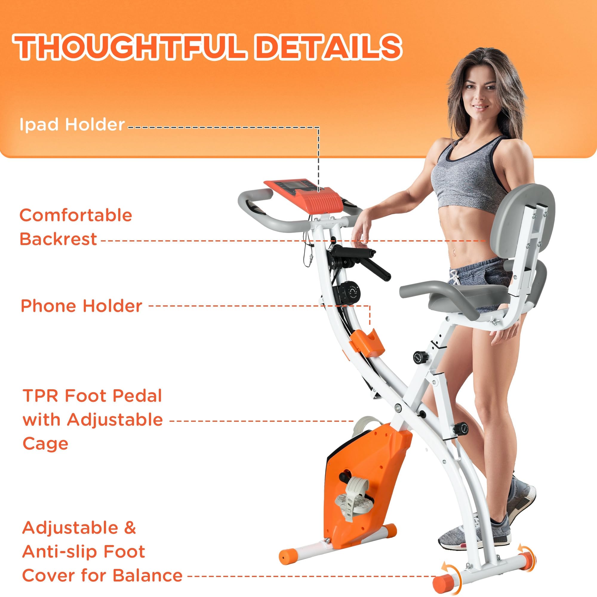 HOMCOM Cyclette Pieghevole 2 in 1, Resistenza Magnetica Regolabile 8 Livelli, Cyclette da Casa Silenziosa con Sensore Cardiaco, Sedile Regolabile, Bande Elastici, Schermo LCD, Ruote