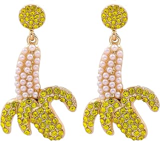Banana Earrings Fruit Crystal Earrings Pearl Round Stud Earrings Food Mimic Yellow Banana Pendant Stud Earrings Women Girls Jewelry