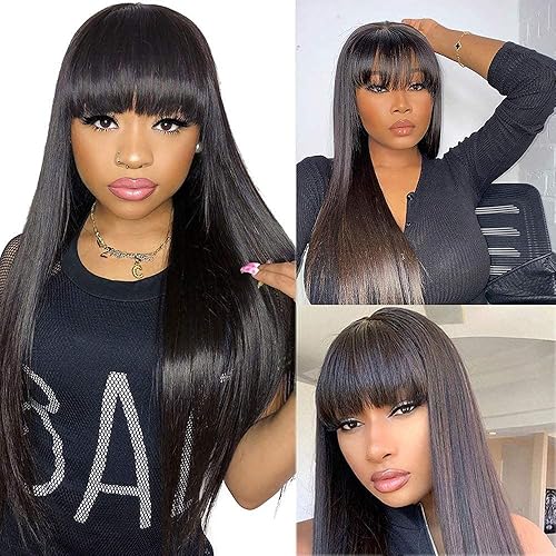 Straight Wig with Bangs Human Hair Wig with Bangs for Black Women None Lace Front Wigs Brazilian Virgin Glueless Machine Made Wigs for Black Women 150% Density Natural Color 24 Inch