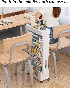 Mobile Bookshelf with Wheel, Large Capacity Magazine Rack Book Cart Removable Storage Organizer Kids Bookshelf, Multi Purpose Rolling Cart for Home School(White)