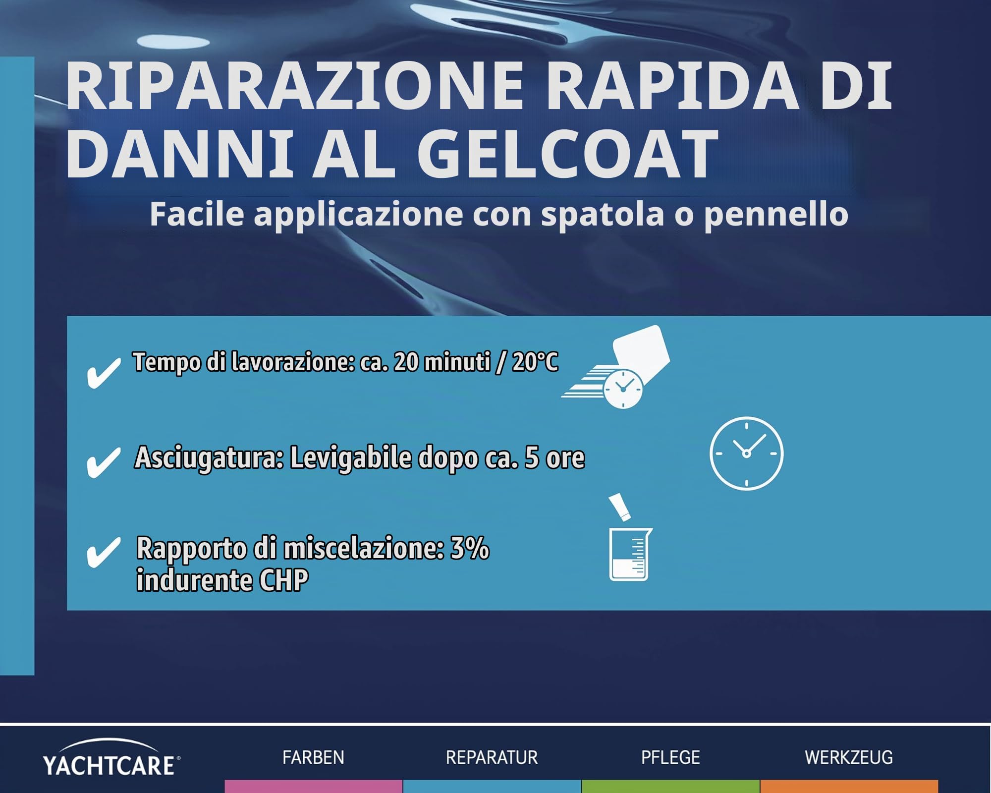 Yachtcare Gelcoat Repair Kit VT – RAL 9010 – Kit di Riparazione Senza stirene – 200 g – ripara Piccoli Graffi, Graffi e scheggiature – Si asciuga Rapidamente – Ideale per Barche, roulotte e Camper