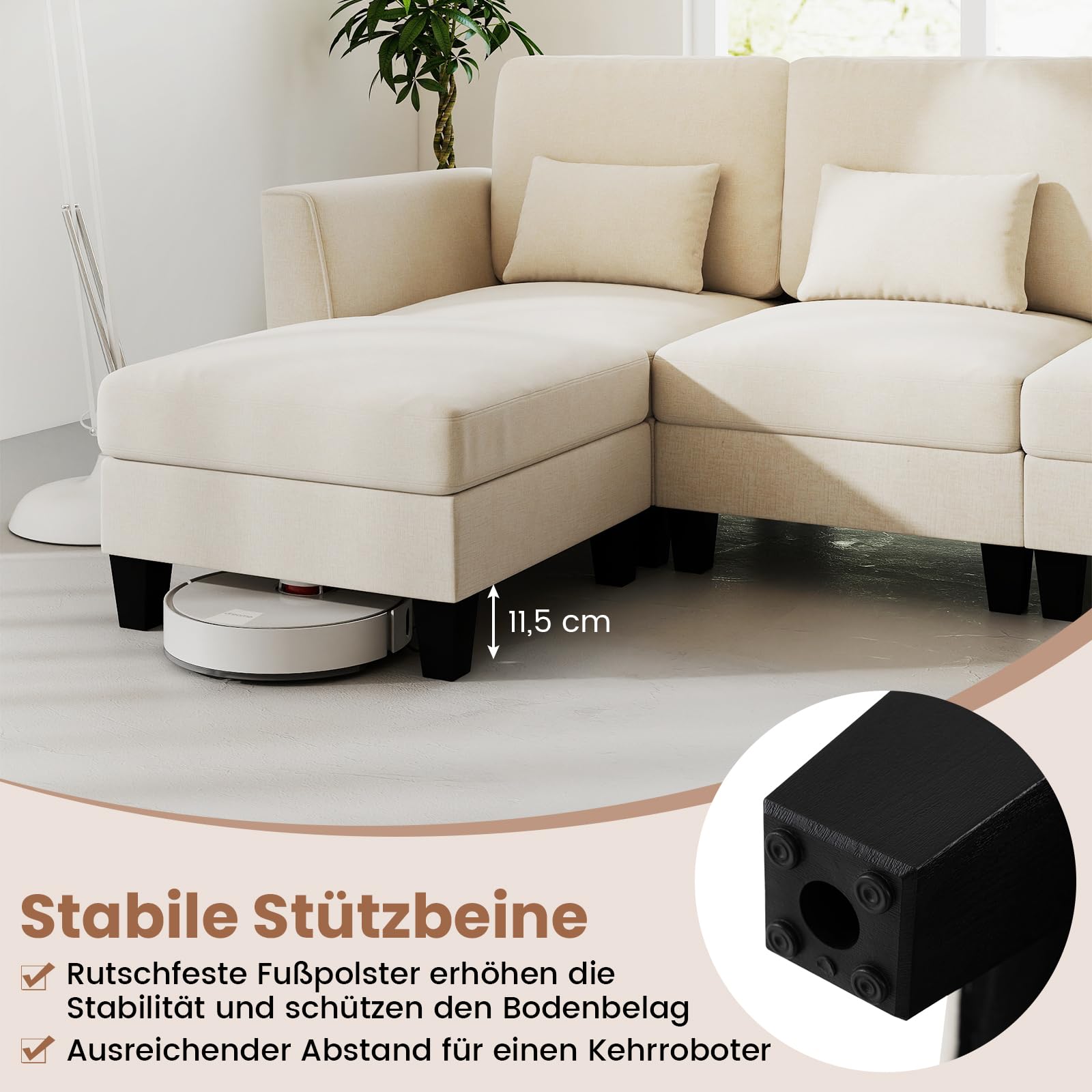 COSTWAY Sofa narożna 280 cm z 2 podnóżkami i 4 poduszkami, modułowa sofa z funkcją spania, sofa narożna w kształcie litery U z portami ładowania USB i portem ładowania typu C, 4-osobowa sofa do salonu