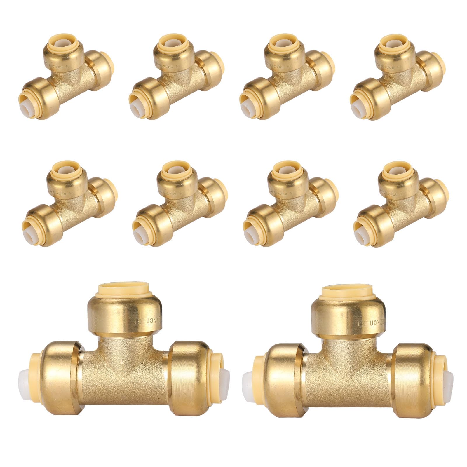TLDONCXH 10 PCS Foskan 1/2" x1/2" X1/2" Push Fit Tee,LF-Brass Fittings, Push to Connect PEX, Copper, C, PE-RT Pipes, with Disconnect Clip for Plumbing Repairs