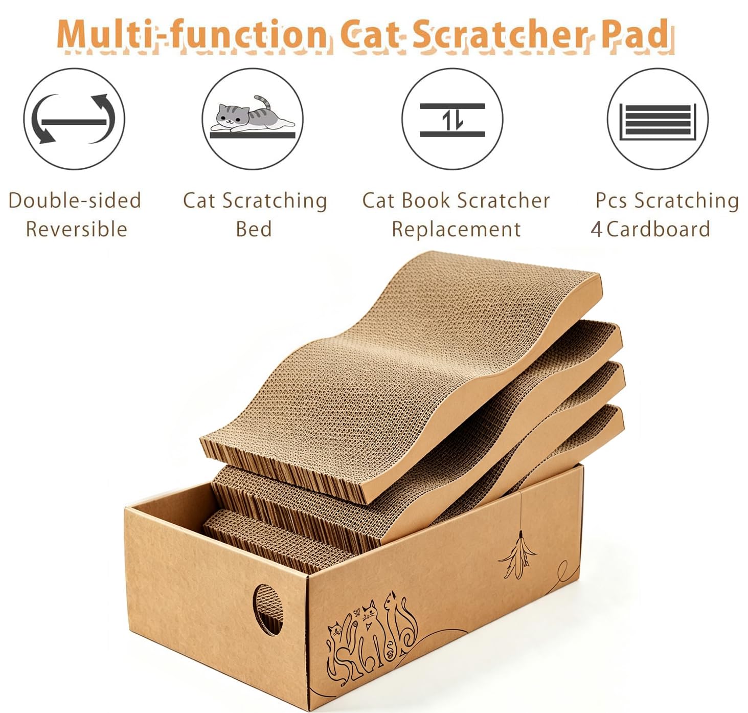MUAEEOK Lot de 5 grattoirs en carton avec boîte - Réversibles - Pour chat - Pour petits chats - Pour se reposer et jouer - Convient pour un maximum de 5 kg (3 chats, 42 x 30 x 14,5 cm)