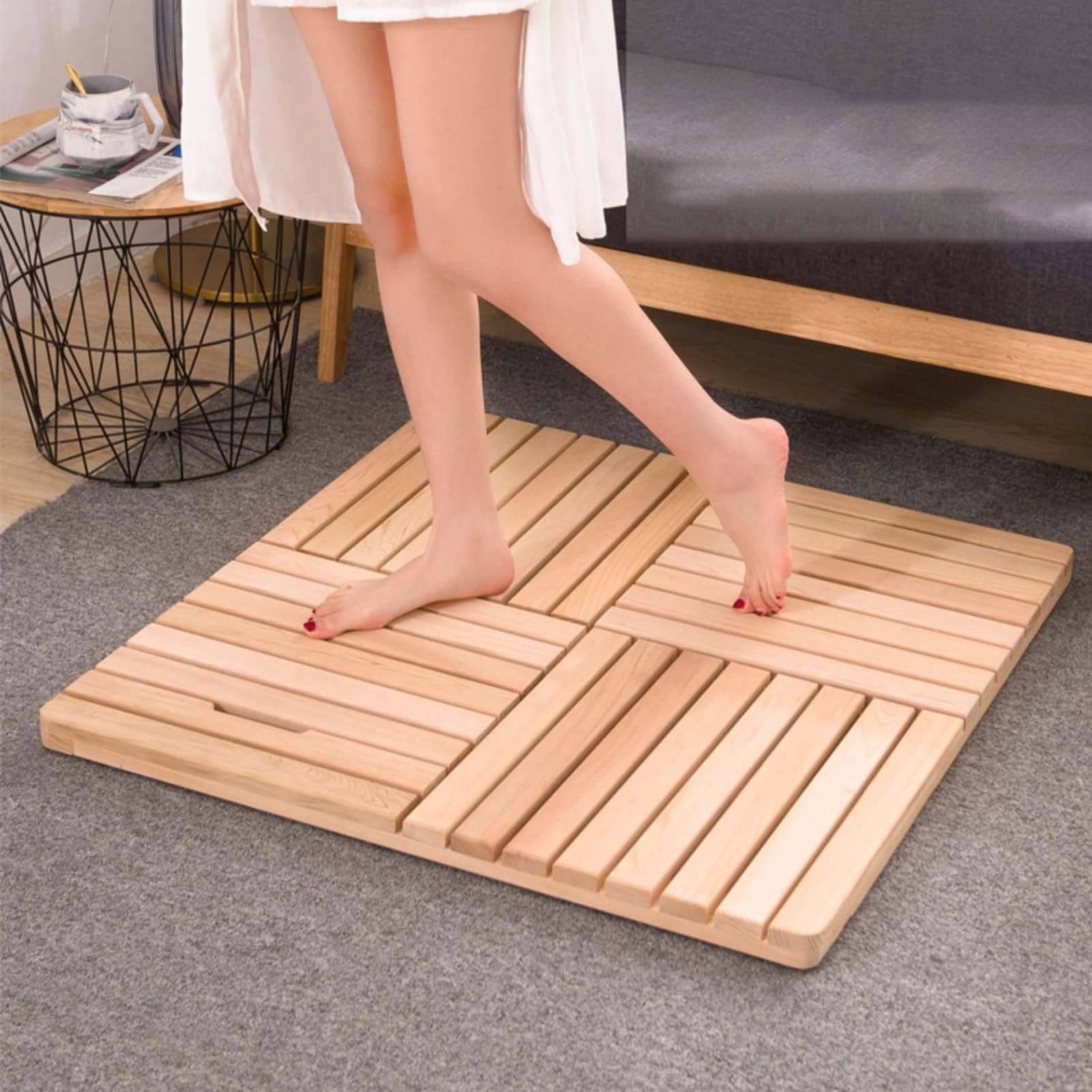 QIYFOZ Natural Wooden Bath Mat - Anti-Slip Waterproof Shower Mat for Bathroom, Pool & Beach - Durable Drainage Board with Soft Foot Pads, 60cm x 70cm (23.6" x 27.5")