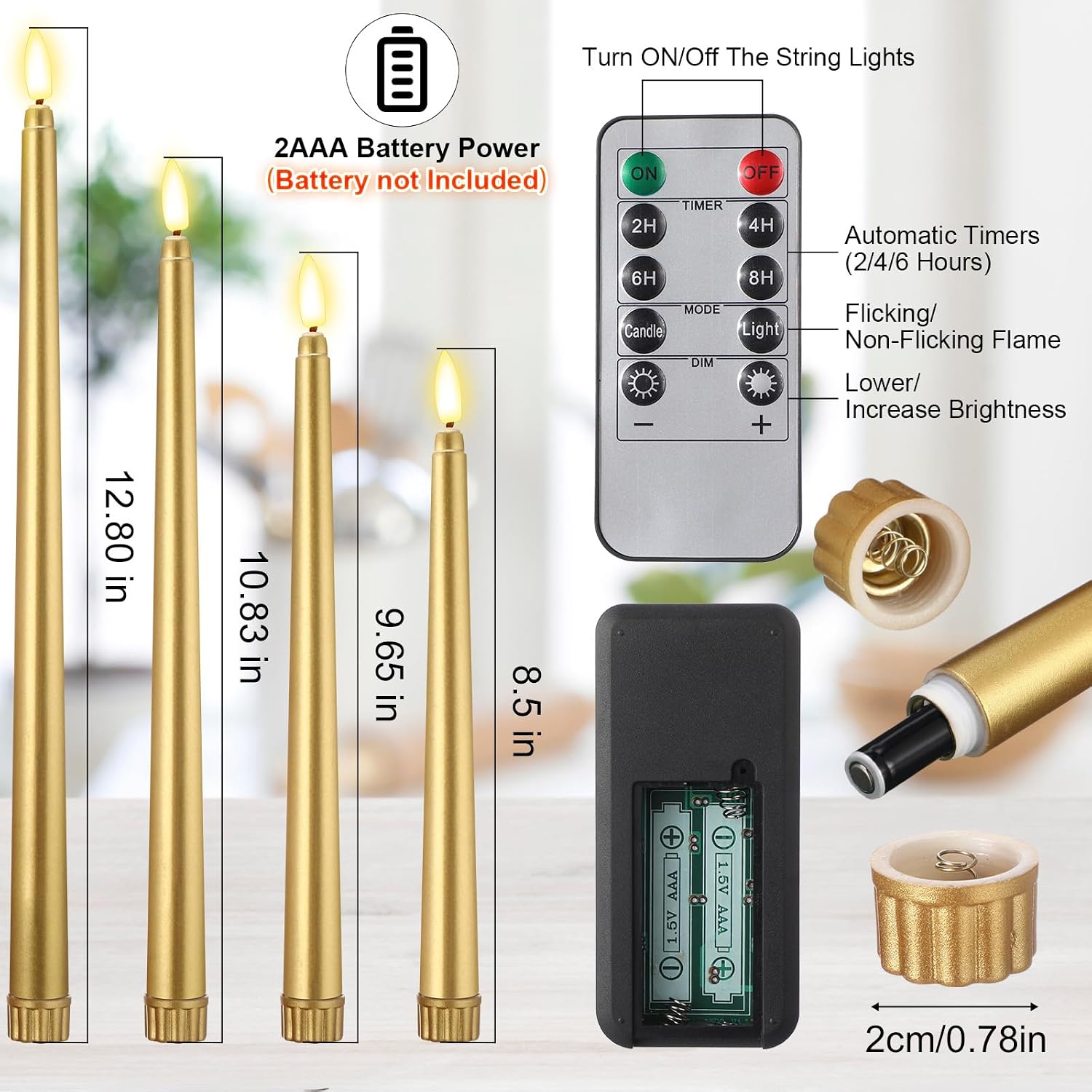 Rossesay 16 Pcs Gold Flameless Taper Candles Battery Operated Candles with Remote Timer 8.5" 9.6" 10.8" 12.8" Multiple Sizes Gold LED Flickering Candlestick for Wedding Centerpieces Party Decor