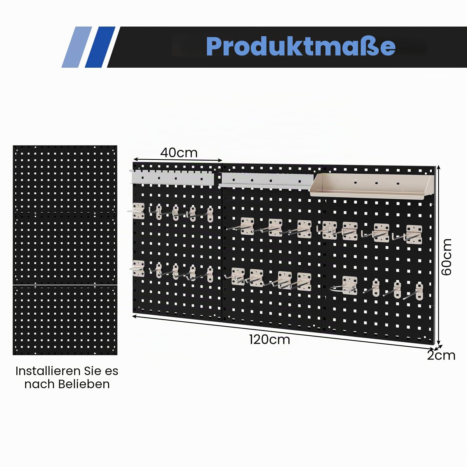 SOARS Werkzeughalter, Wandmontage, 120 x 60 cm, Werkzeugaufbewahrung aus Metall, 3 Paneele, perforiert, mit Set mit 28 Haken, stabil und robust, für Garage, Werkstatt, Reparaturwerkstatt (schwarz)