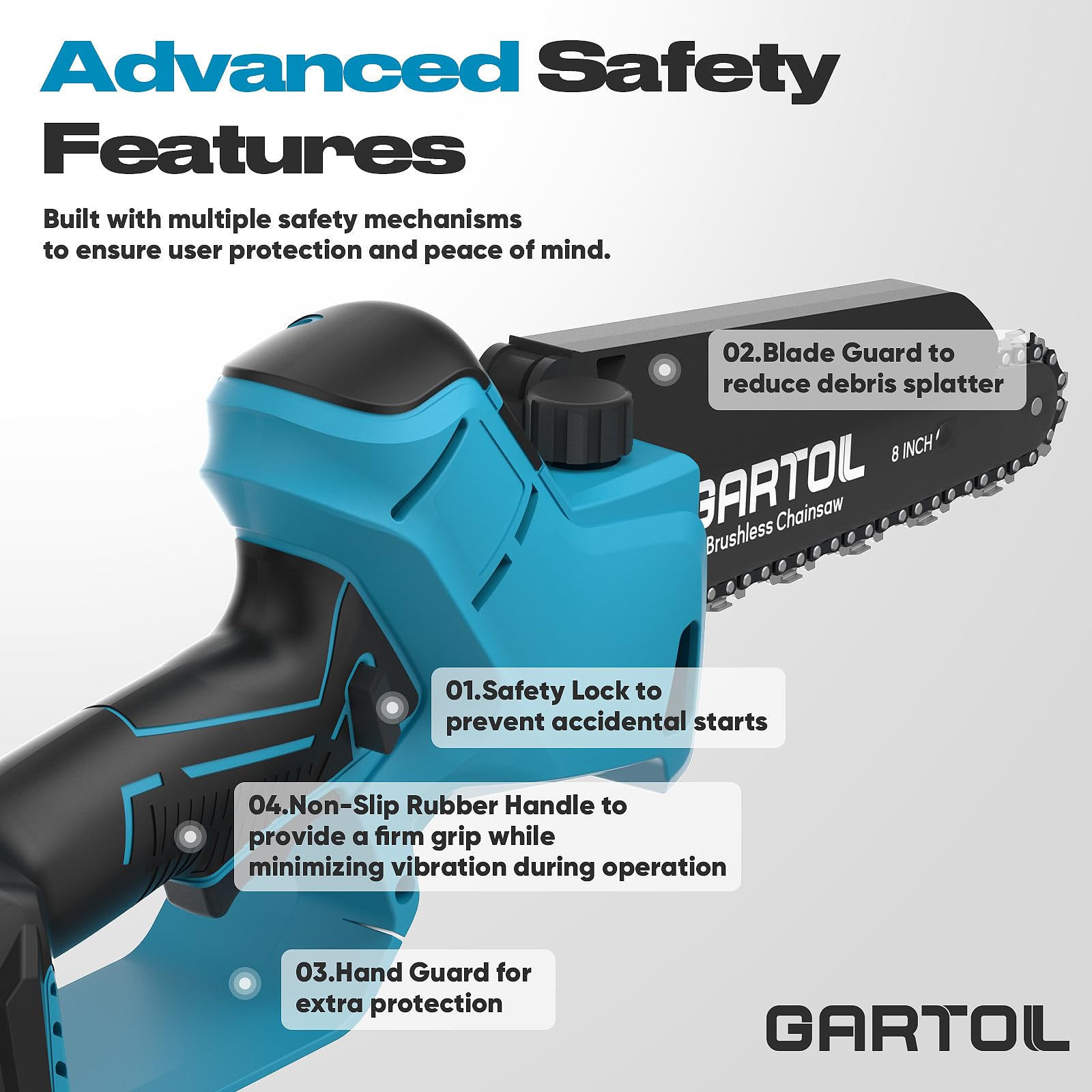GARTOL Mini motosierra de 8 y 6 pulgadas, 1000 W, batería sin escobillas, con engrasador automático, sierra de cadena de mano para tijeras de podar, tijeras de podar, corte de madera, compatible con