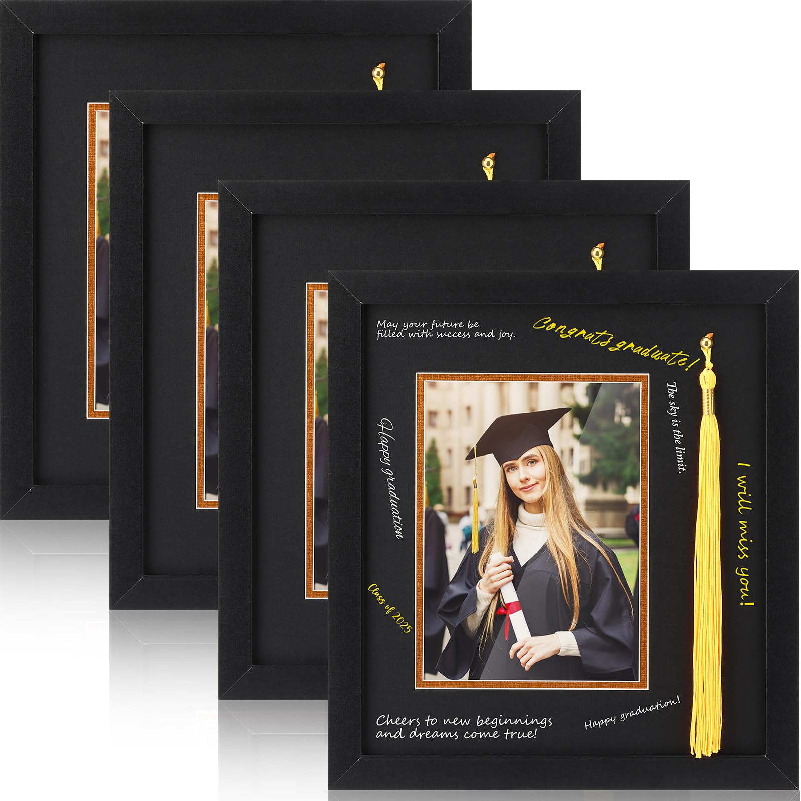 VioraWhite 4 Pcs 2026 Graduation Picture Frame with Gold Tassels Fits 5 x 7 Graduate Photo Square Memorial Photo Frame with Wall Tabletop Design for